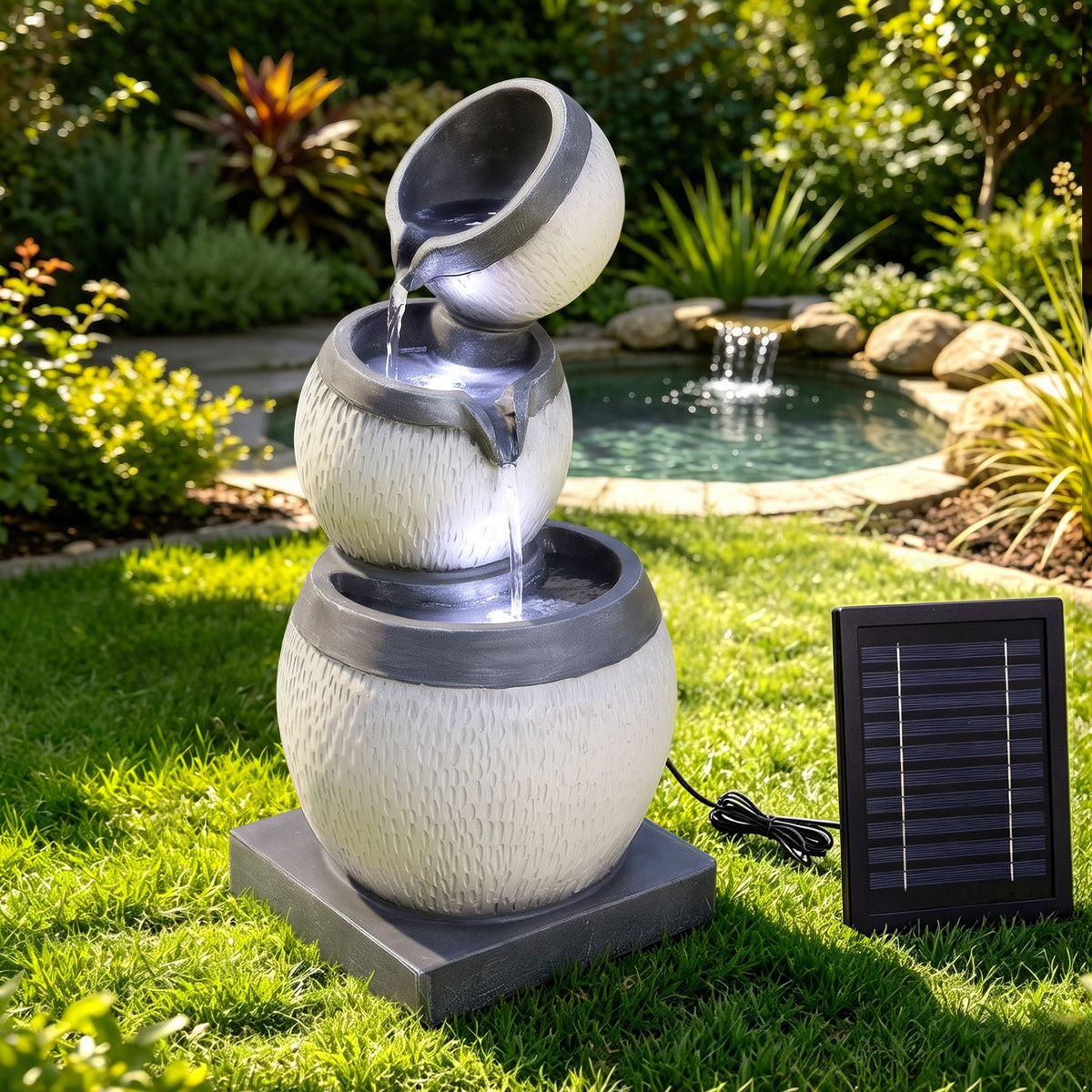 Solar Fountain 3-Level Cascading Bowl Water Feature 52cm - Grey
