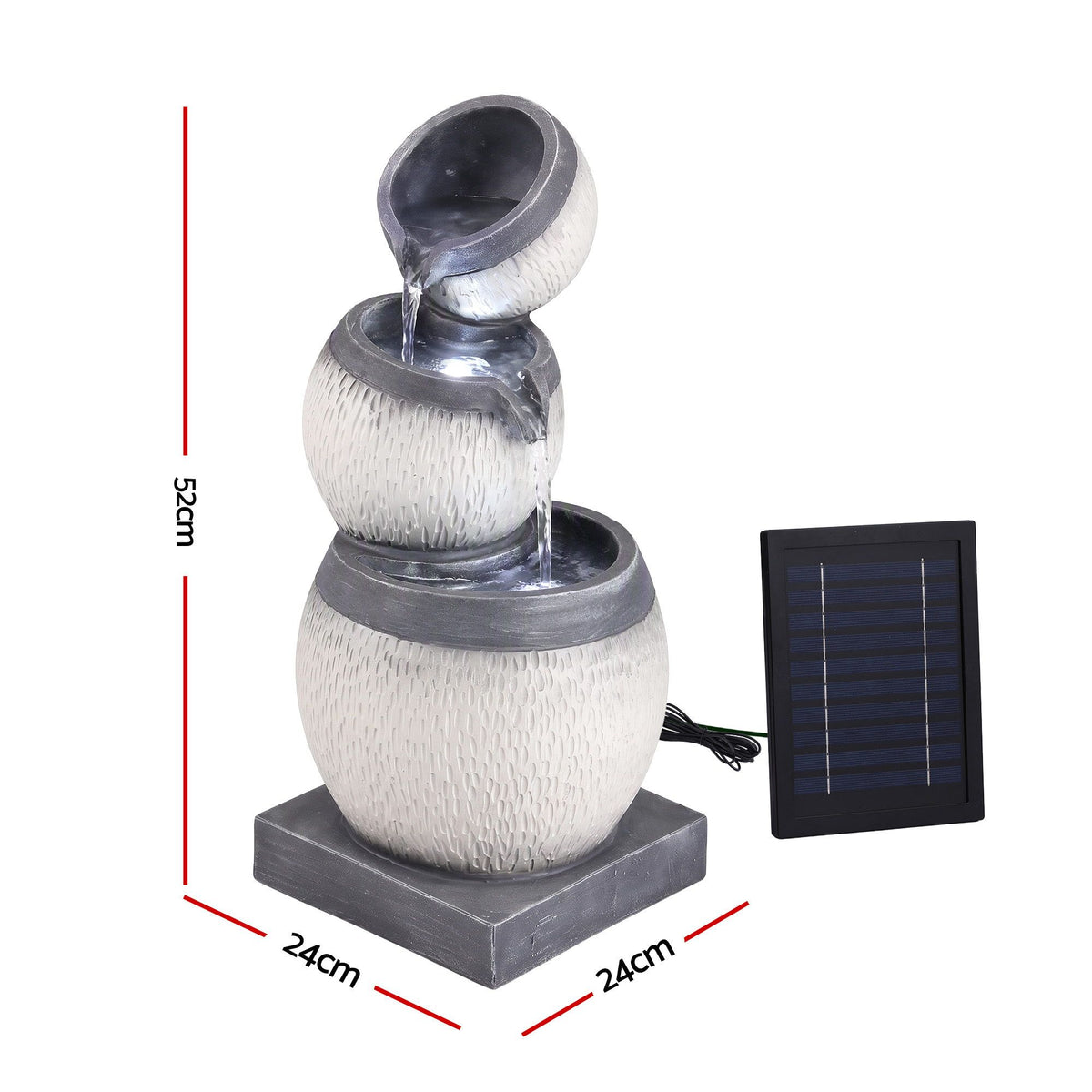 Solar Fountain 3-Level Cascading Bowl Water Feature 52cm - Grey