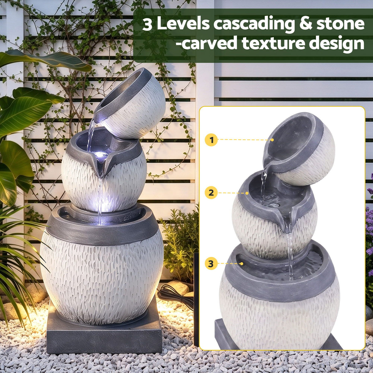 Solar Fountain 3-Level Cascading Bowl Water Feature 52cm - Grey