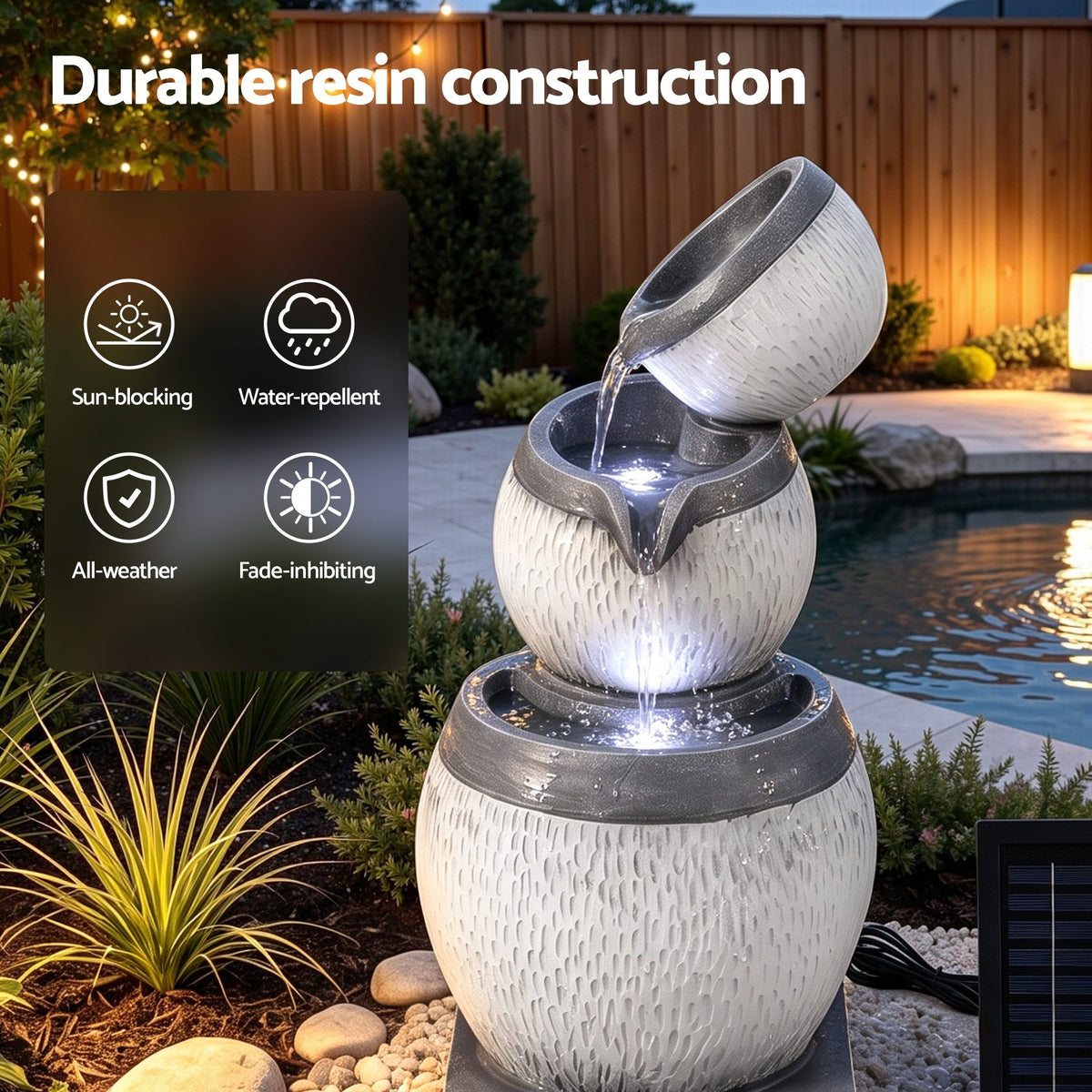 Solar Fountain 3-Level Cascading Bowl Water Feature 52cm - Grey