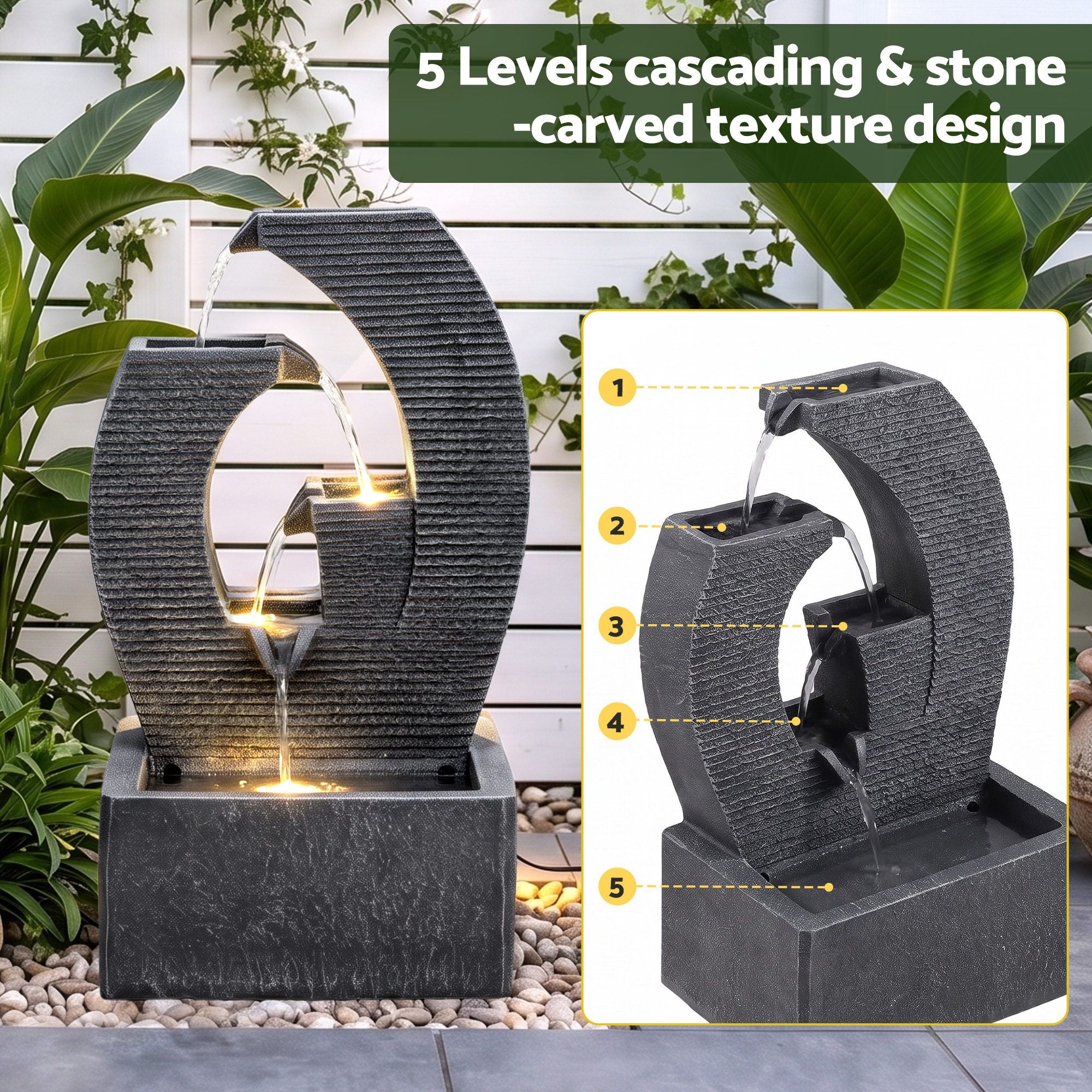 Solar Fountain 5 Levels Cascading Water Feature Resin 50cm Black