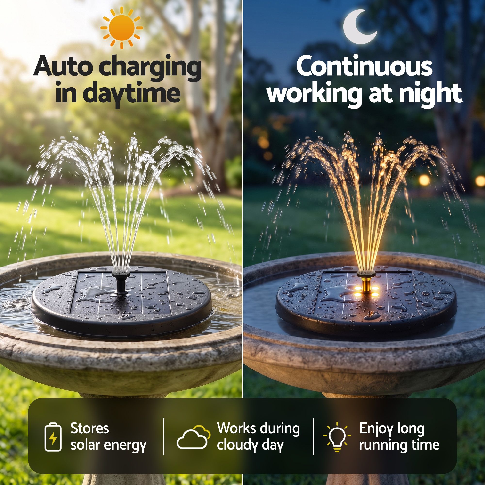 Solar Fountain Pumps Bird Bath Battery Backup LED Remote Black 27cm
