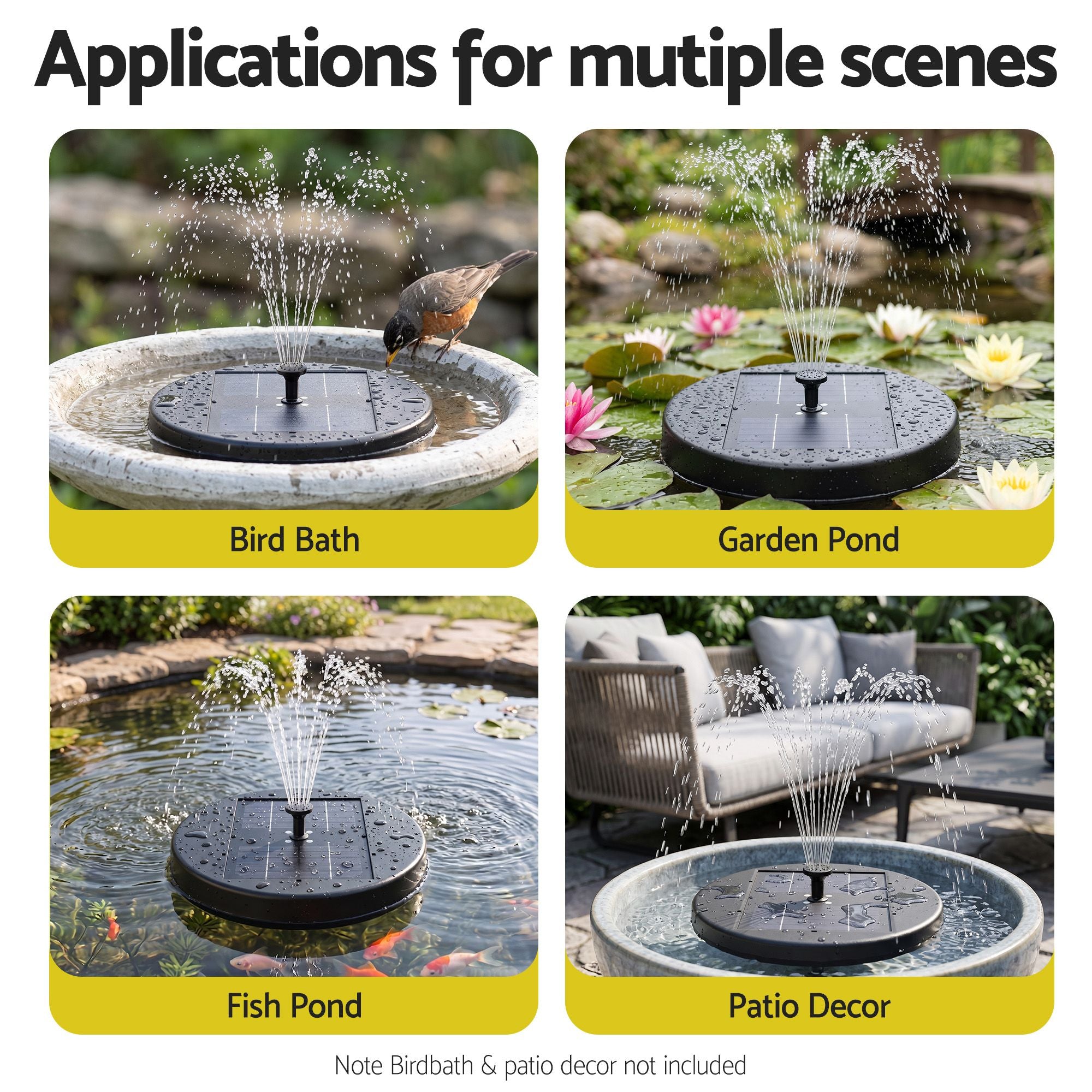 Solar Fountain Pumps Bird Bath Battery Backup LED Remote Black 27cm