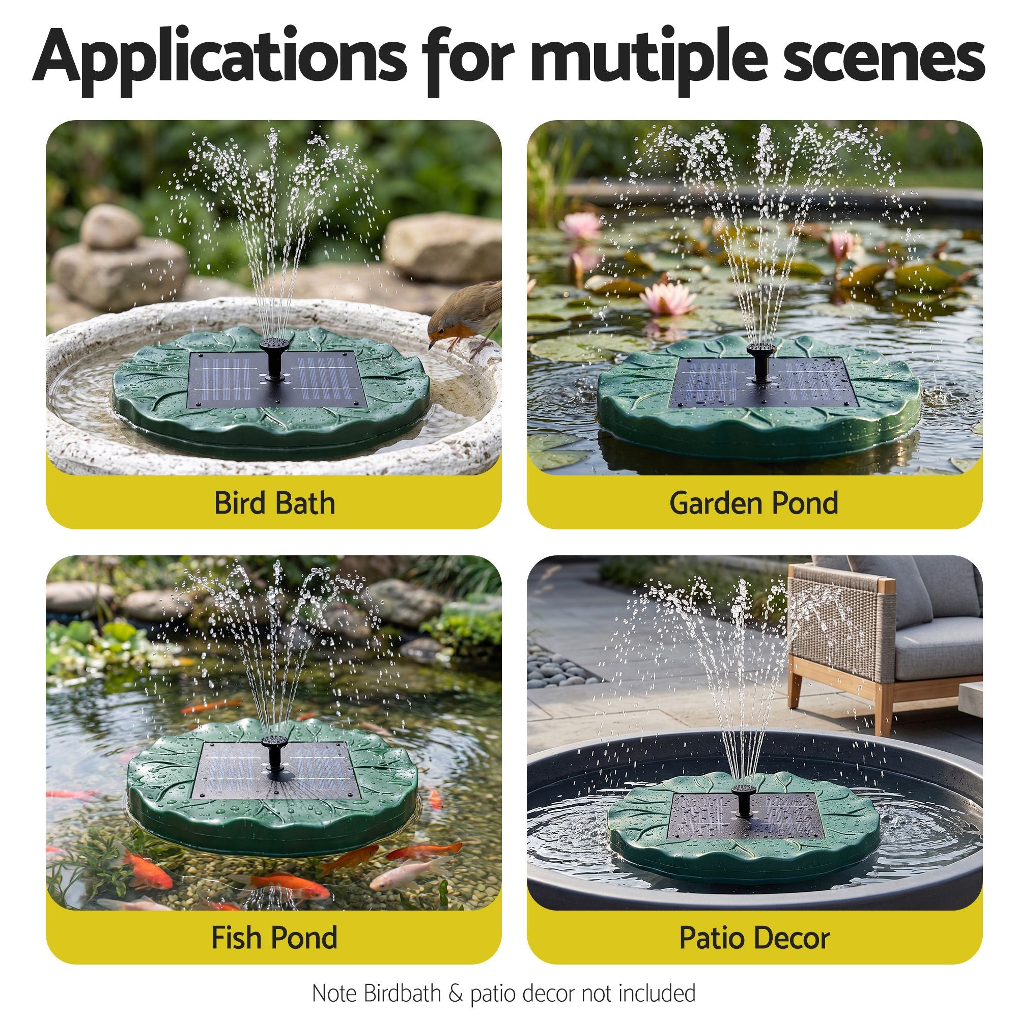 Solar Fountain Pumps Bird Bath Floating Lotus Desig Water Feature 31cm