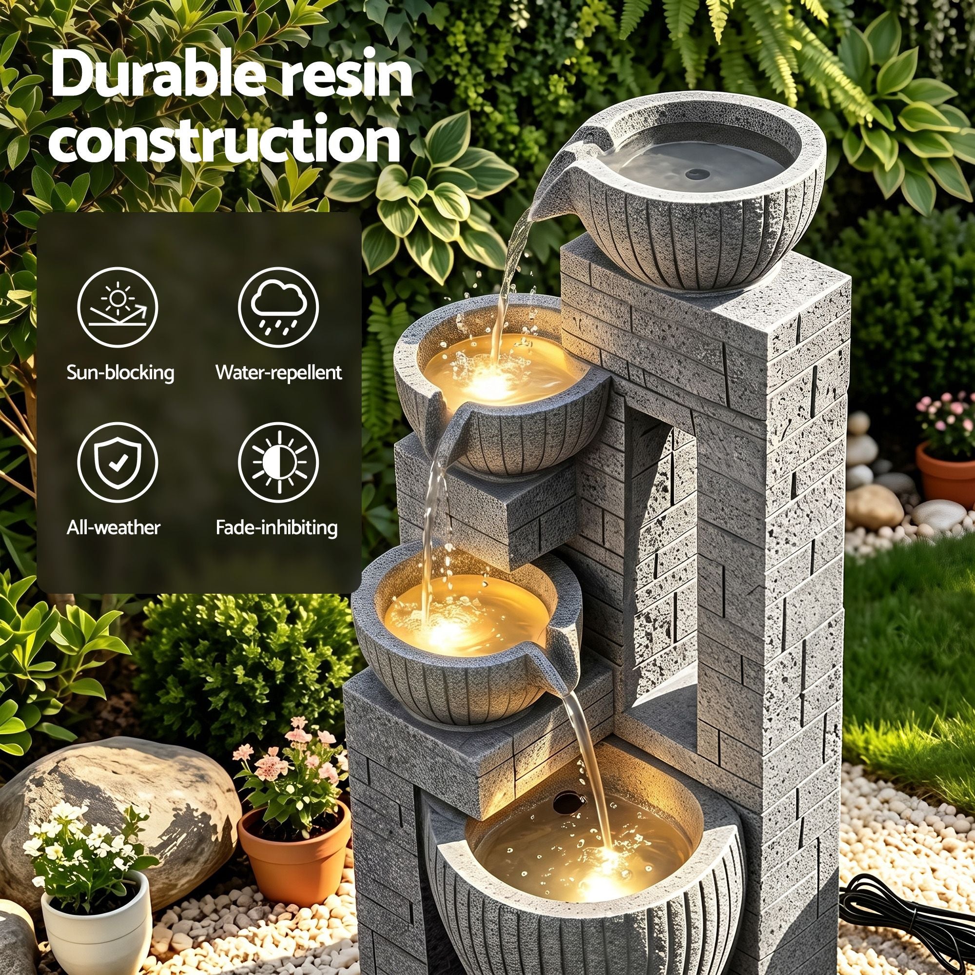 Solar Fountains Water Features Cascading Design Polyresin 80cm Grey