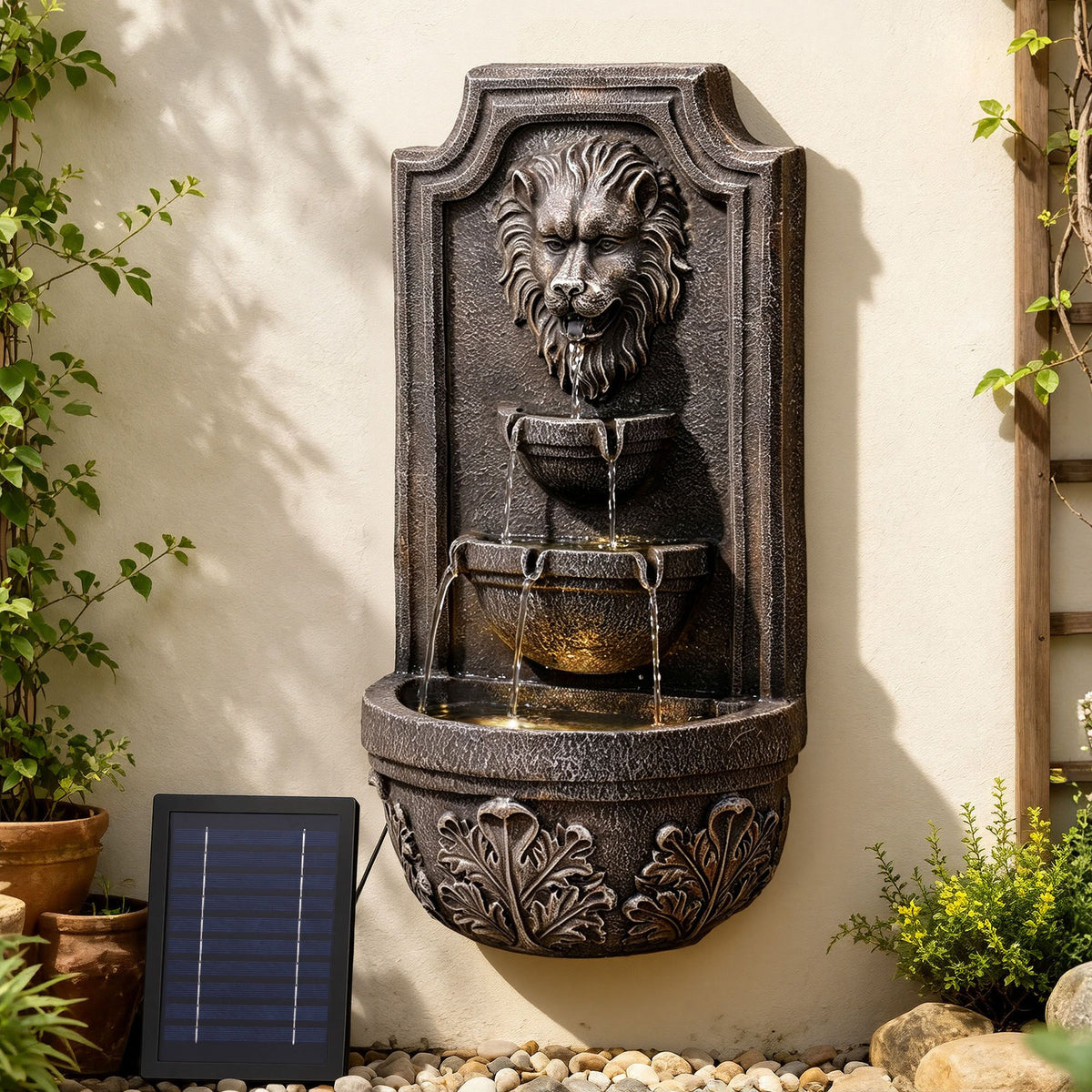 Solar Lion Head Wall Fountain with Three Tier Bowls 67cm - Brown