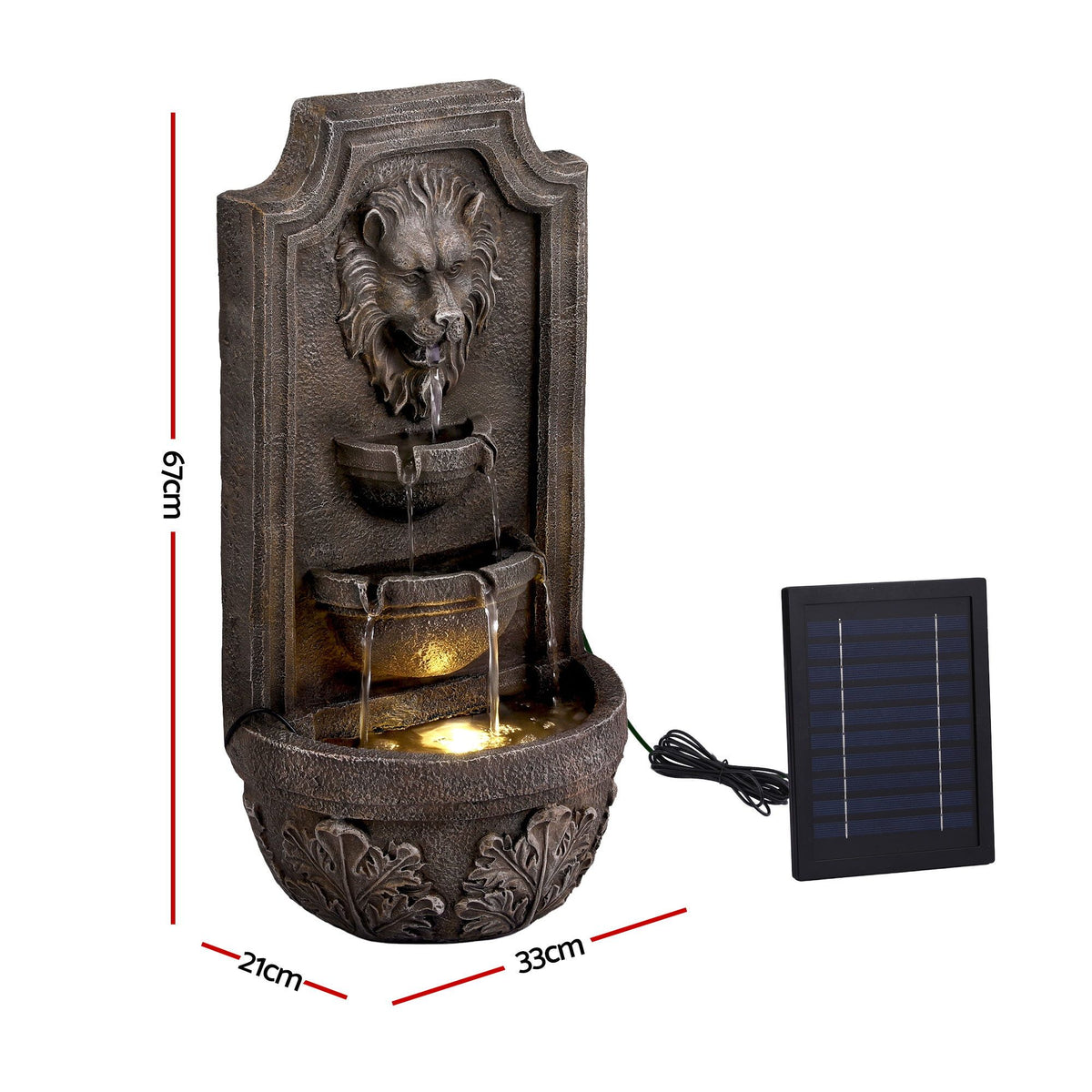 Solar Lion Head Wall Fountain with Three Tier Bowls 67cm - Brown