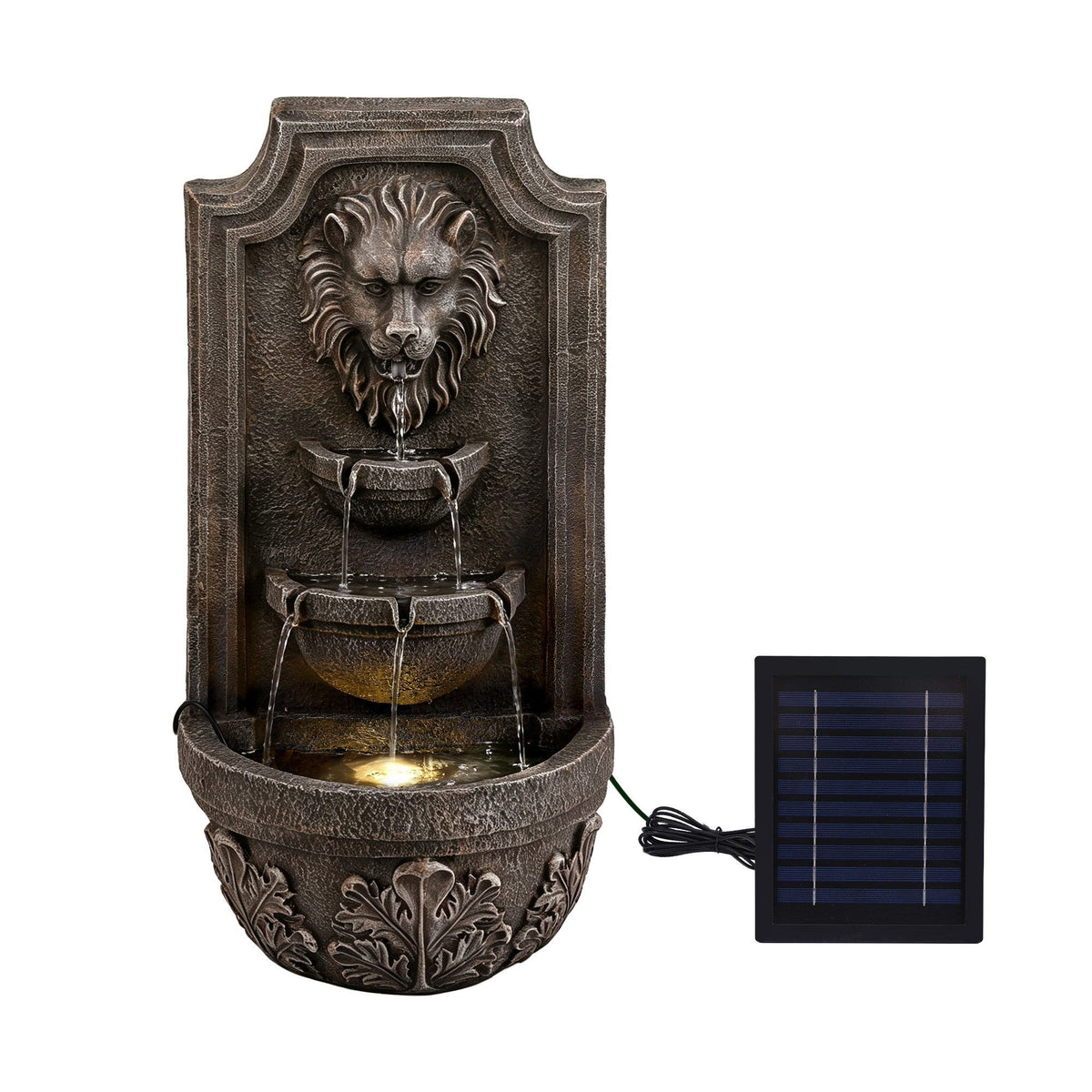 Solar Lion Head Wall Fountain with Three Tier Bowls 67cm - Brown