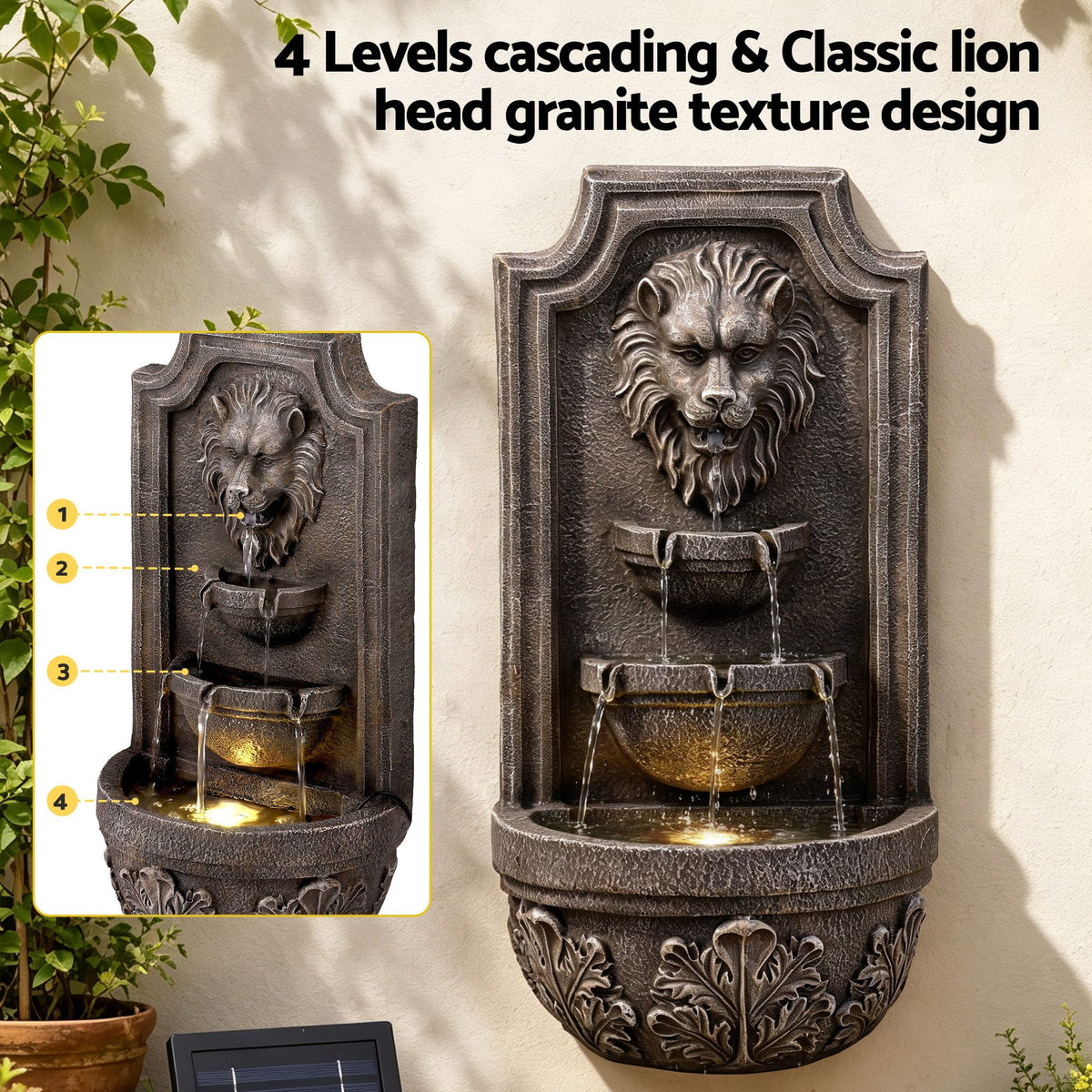 Solar Lion Head Wall Fountain with Three Tier Bowls 67cm - Brown