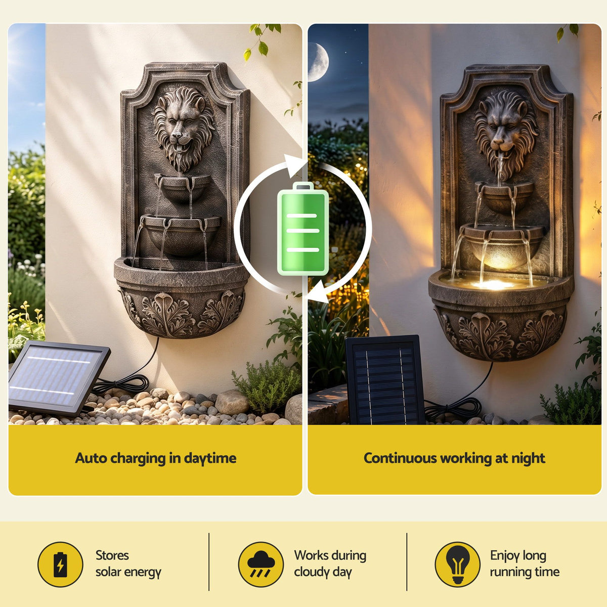 Solar Lion Head Wall Fountain with Three Tier Bowls 67cm - Brown