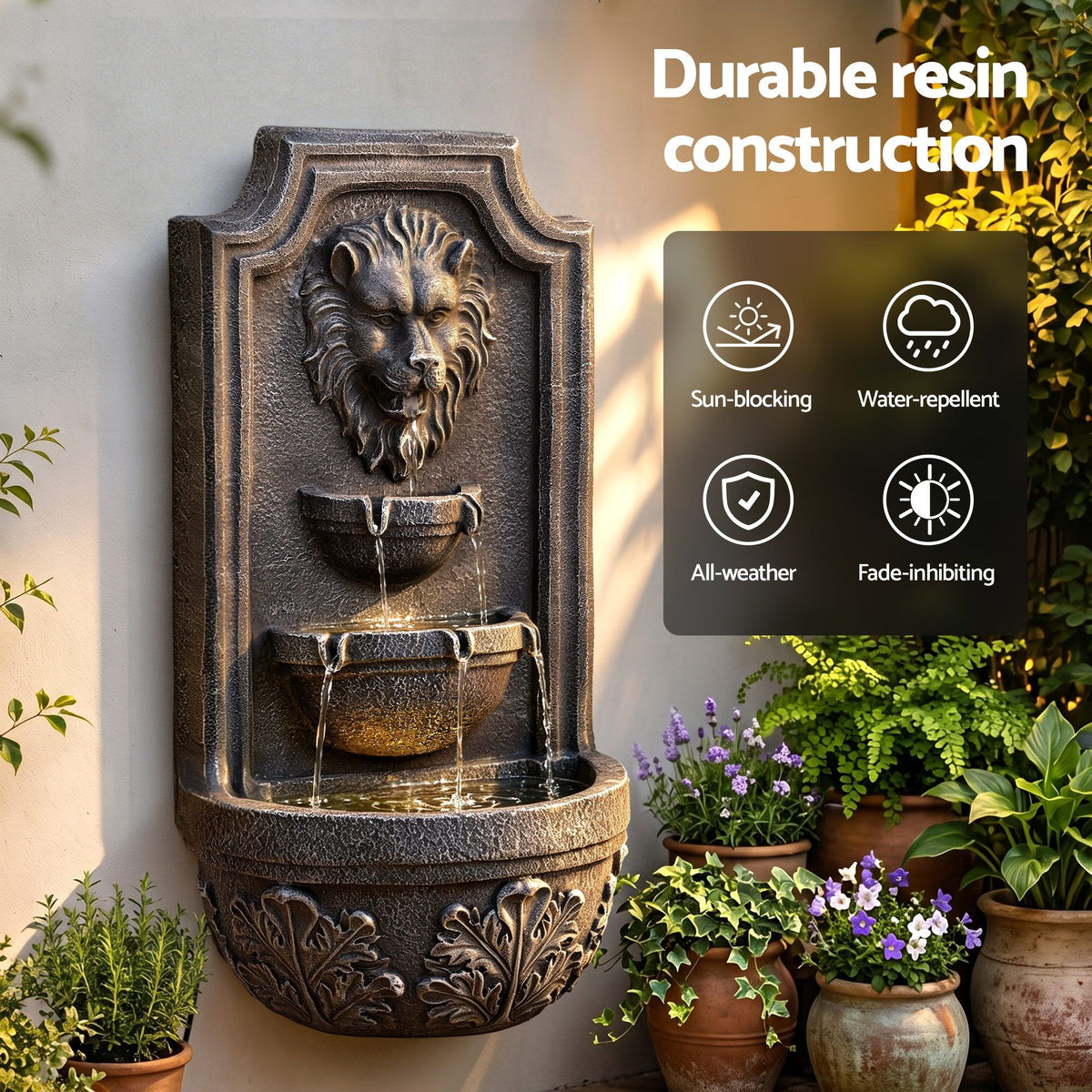 Solar Lion Head Wall Fountain with Three Tier Bowls 67cm - Brown