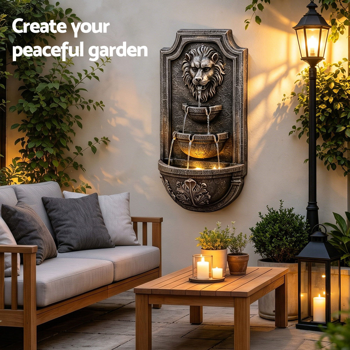 Solar Lion Head Wall Fountain with Three Tier Bowls 67cm - Brown