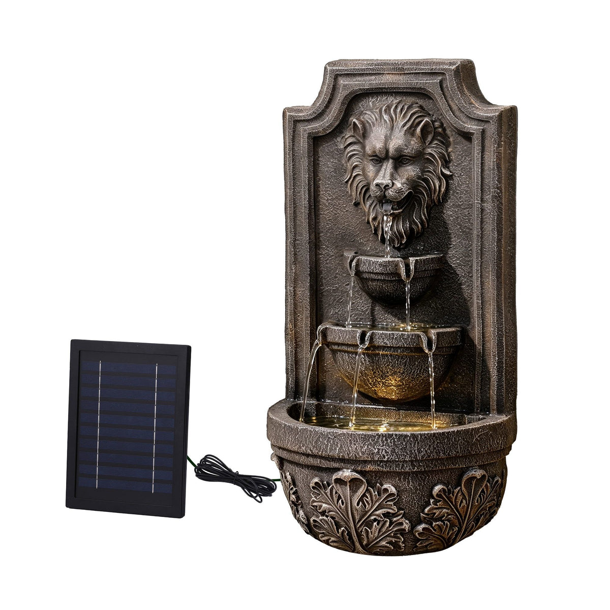 Solar Lion Head Wall Fountain with Three Tier Bowls 67cm - Brown