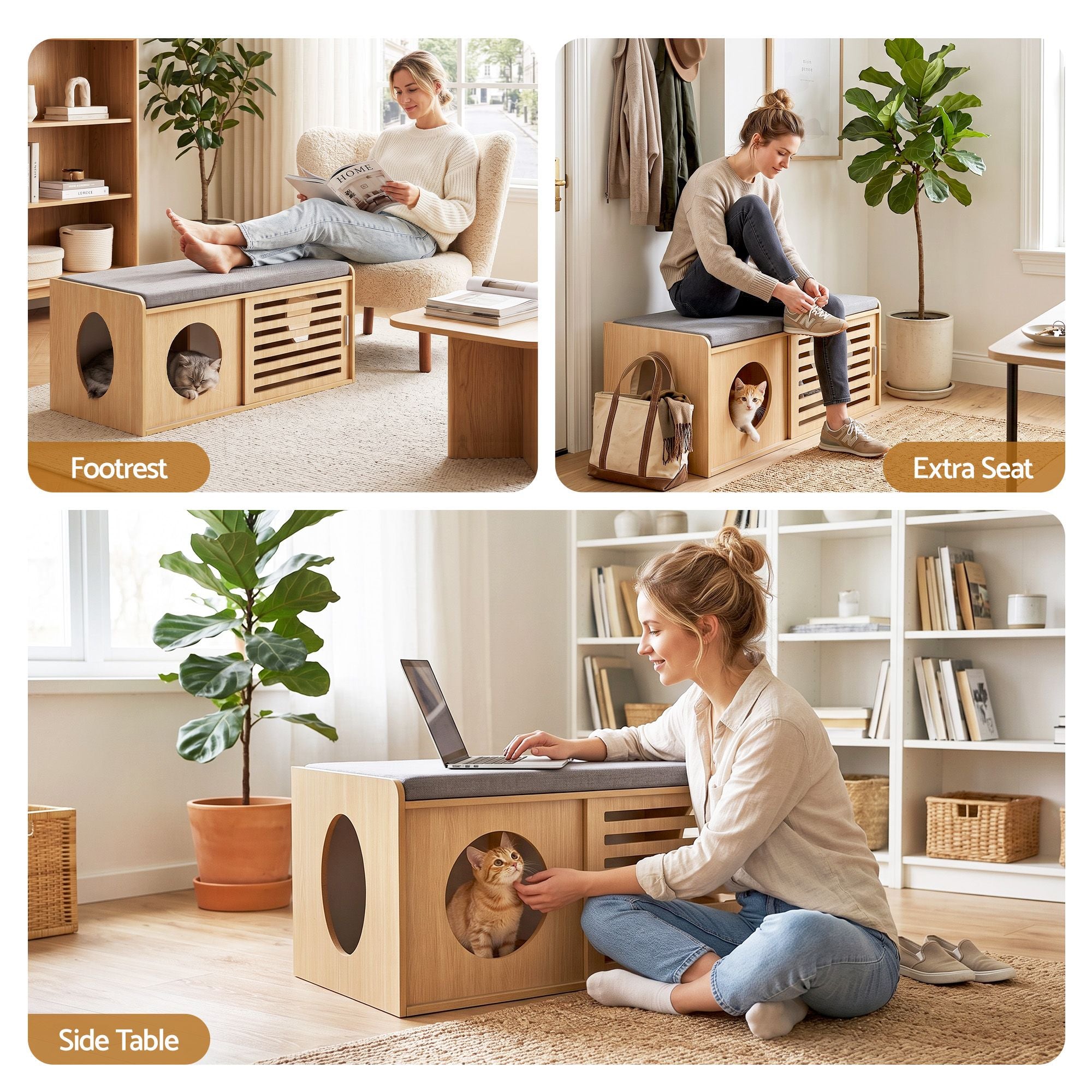 Pet Ottoman Footrest Bench with MDF Frame 100kg Capacity Natural