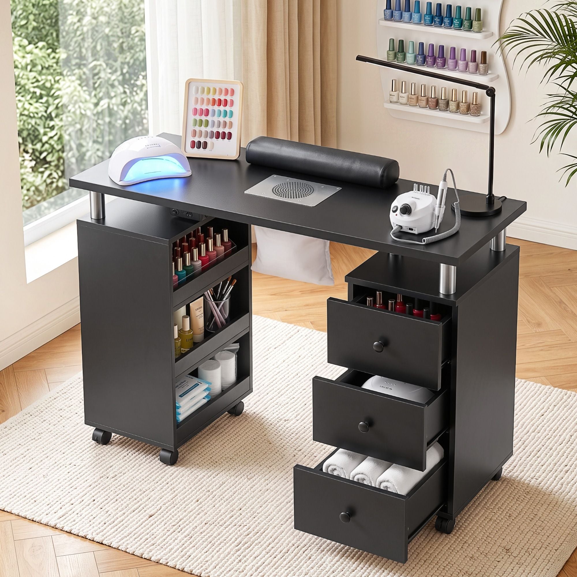 Manicure Table Nail Desk with Built-in Dust Collector Beauty Salon Station Drawers Shelves Wrist Cushion Wheels Black