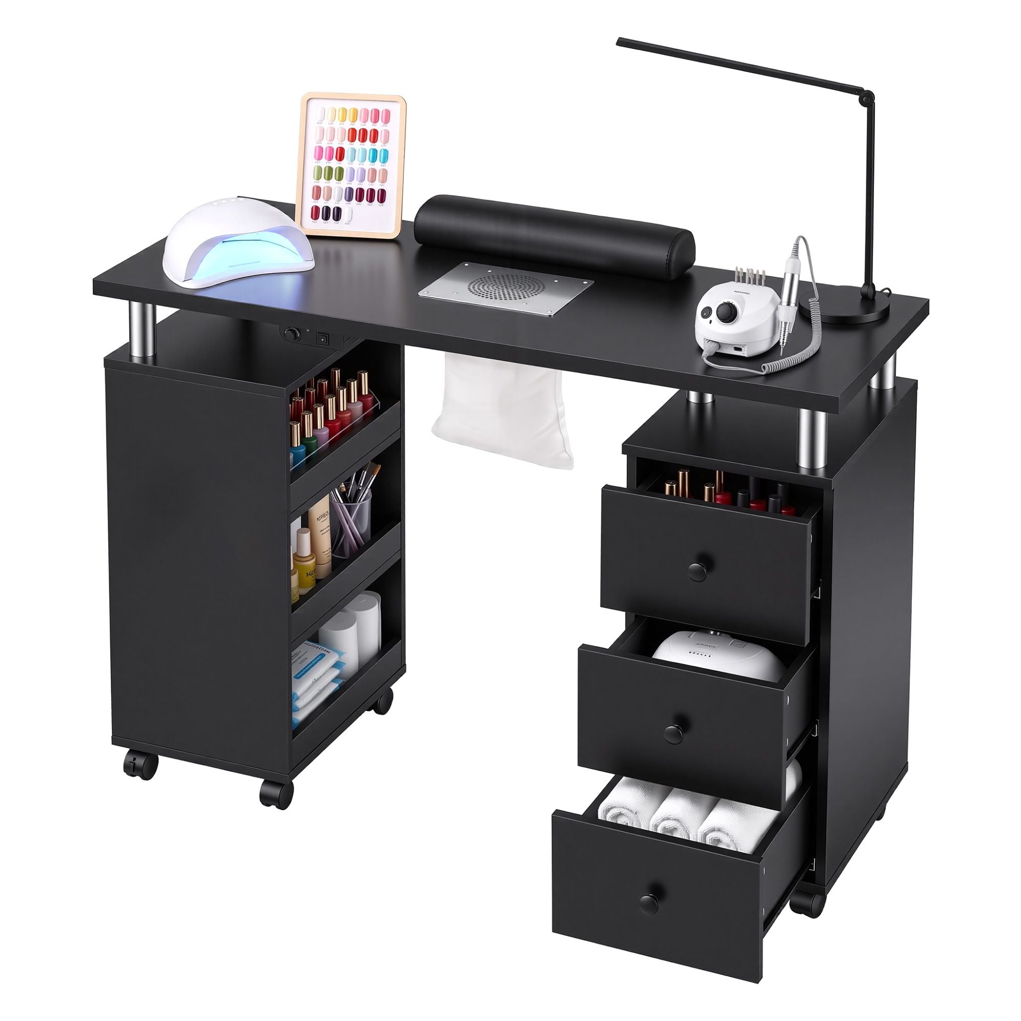 Manicure Table Nail Desk with Built-in Dust Collector Beauty Salon Station Drawers Shelves Wrist Cushion Wheels Black