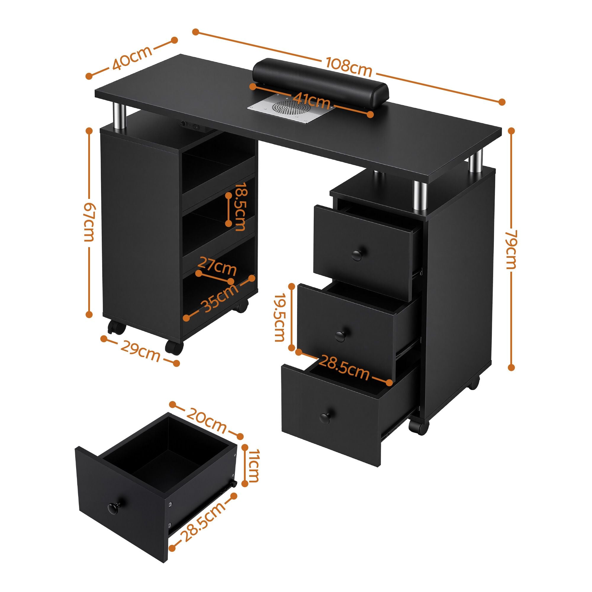 Manicure Table Nail Desk with Built-in Dust Collector Beauty Salon Station Drawers Shelves Wrist Cushion Wheels Black