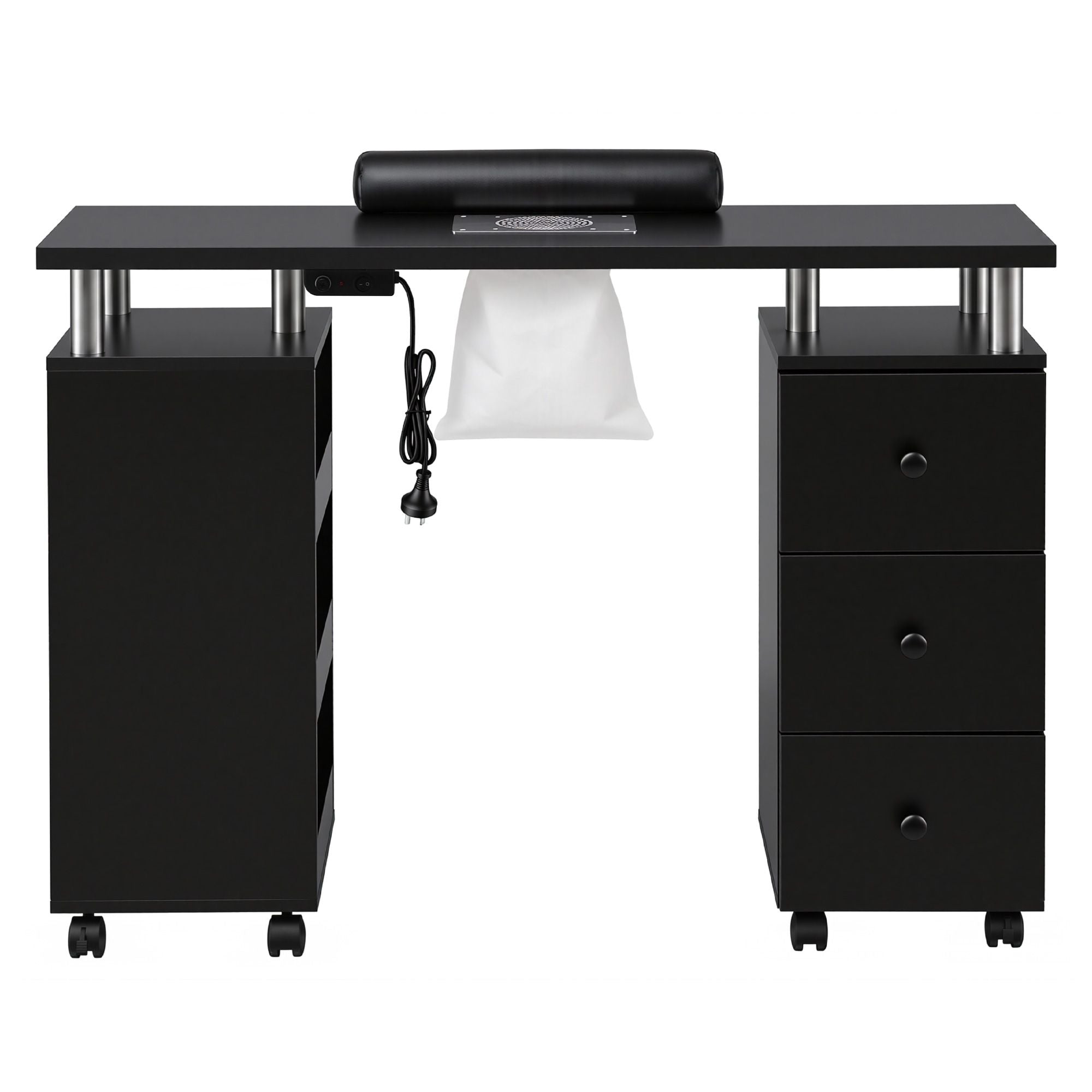 Manicure Table Nail Desk with Built-in Dust Collector Beauty Salon Station Drawers Shelves Wrist Cushion Wheels Black