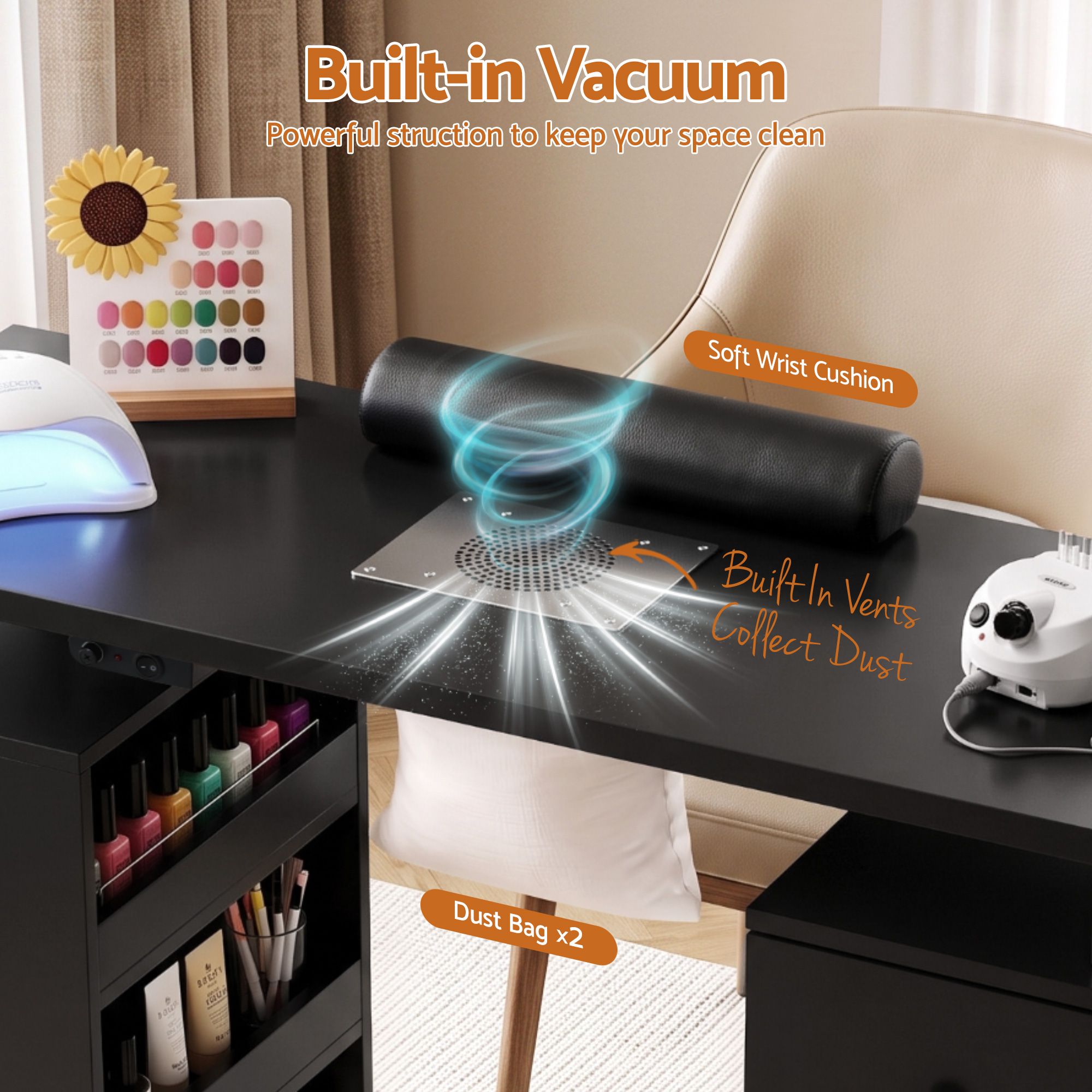 Manicure Table Nail Desk with Built-in Dust Collector Beauty Salon Station Drawers Shelves Wrist Cushion Wheels Black