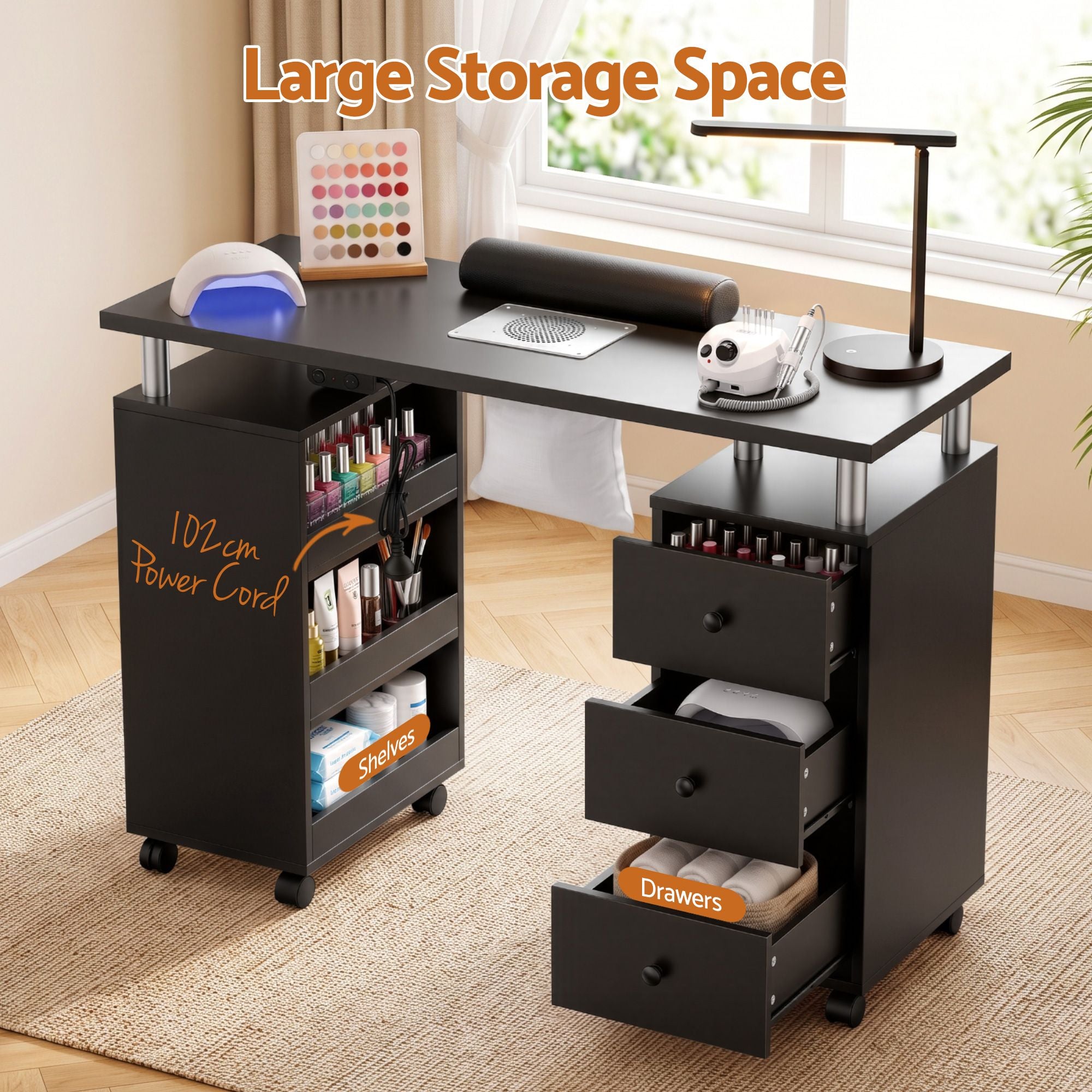 Manicure Table Nail Desk with Built-in Dust Collector Beauty Salon Station Drawers Shelves Wrist Cushion Wheels Black