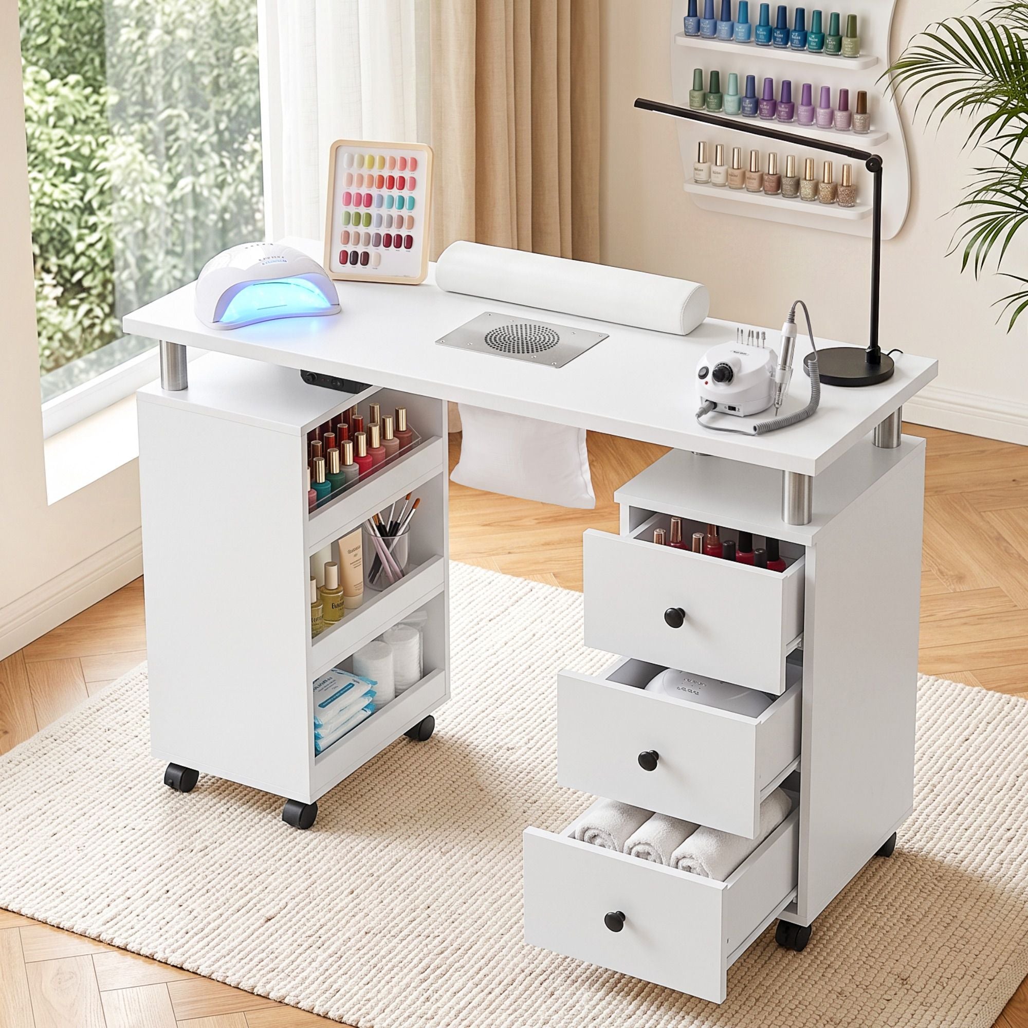 Manicure Table Nail Desk with Built-in Dust Collector Beauty Salon Station Drawers Shelves Wrist Cushion Wheels White