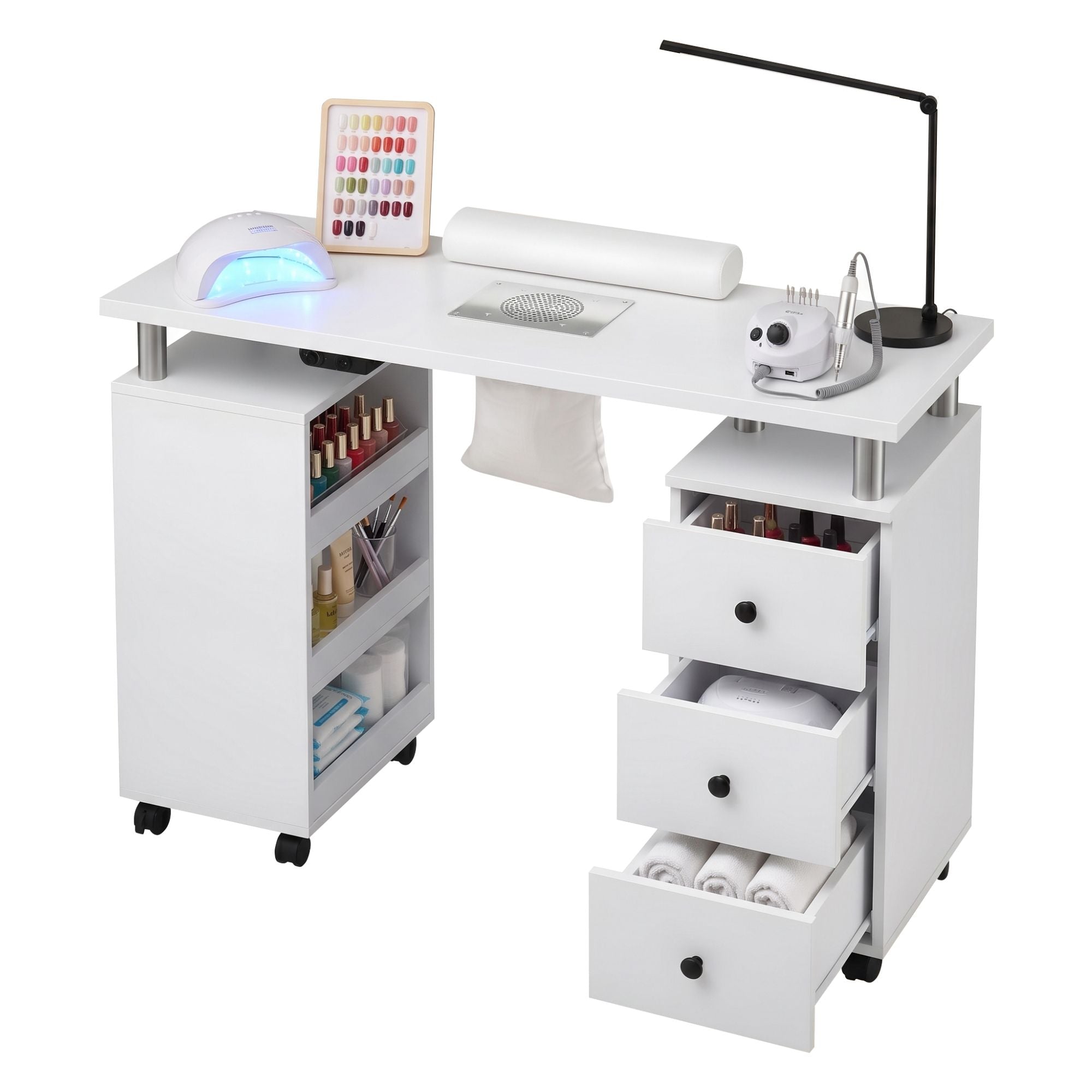 Manicure Table Nail Desk with Built-in Dust Collector Beauty Salon Station Drawers Shelves Wrist Cushion Wheels White