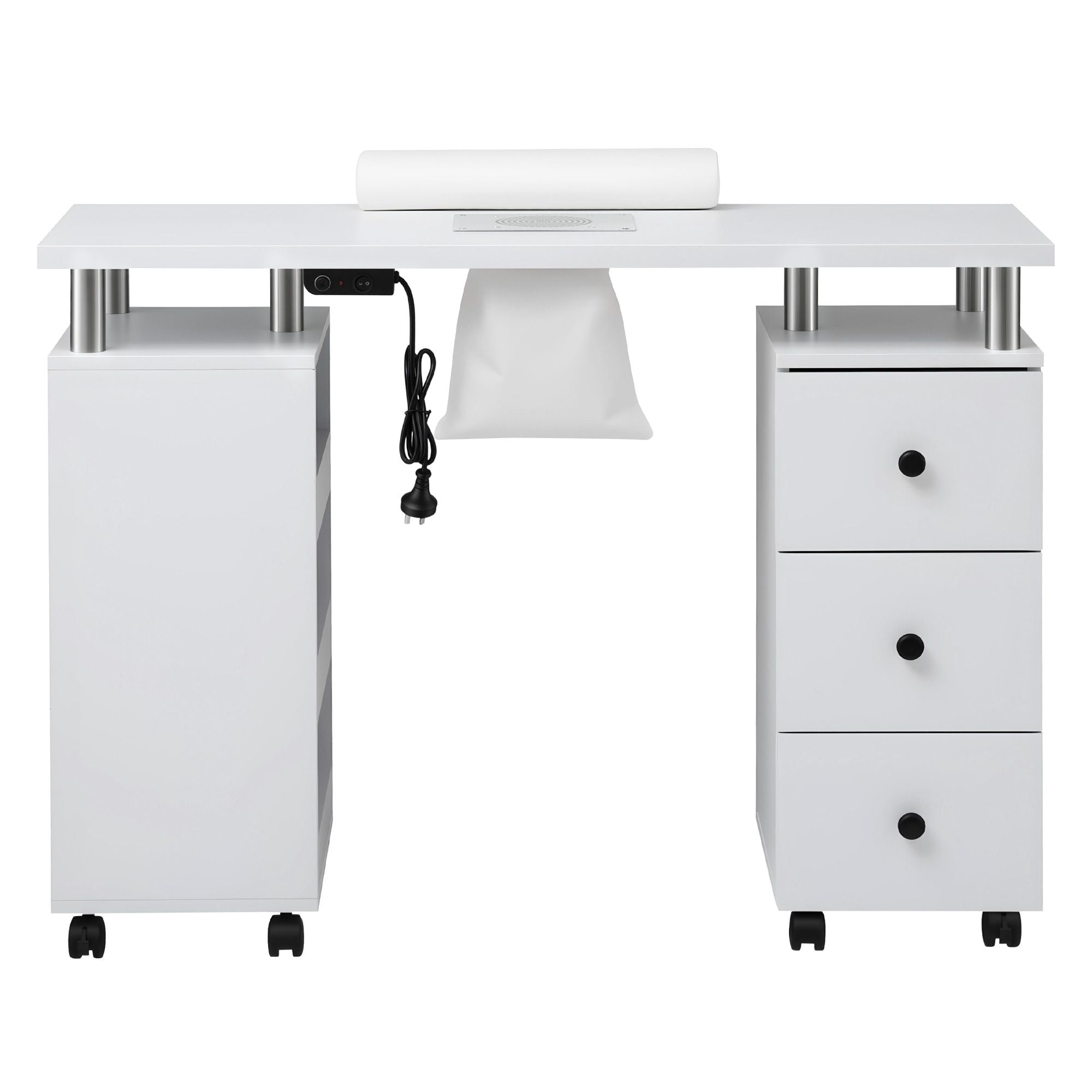Manicure Table Nail Desk with Built-in Dust Collector Beauty Salon Station Drawers Shelves Wrist Cushion Wheels White