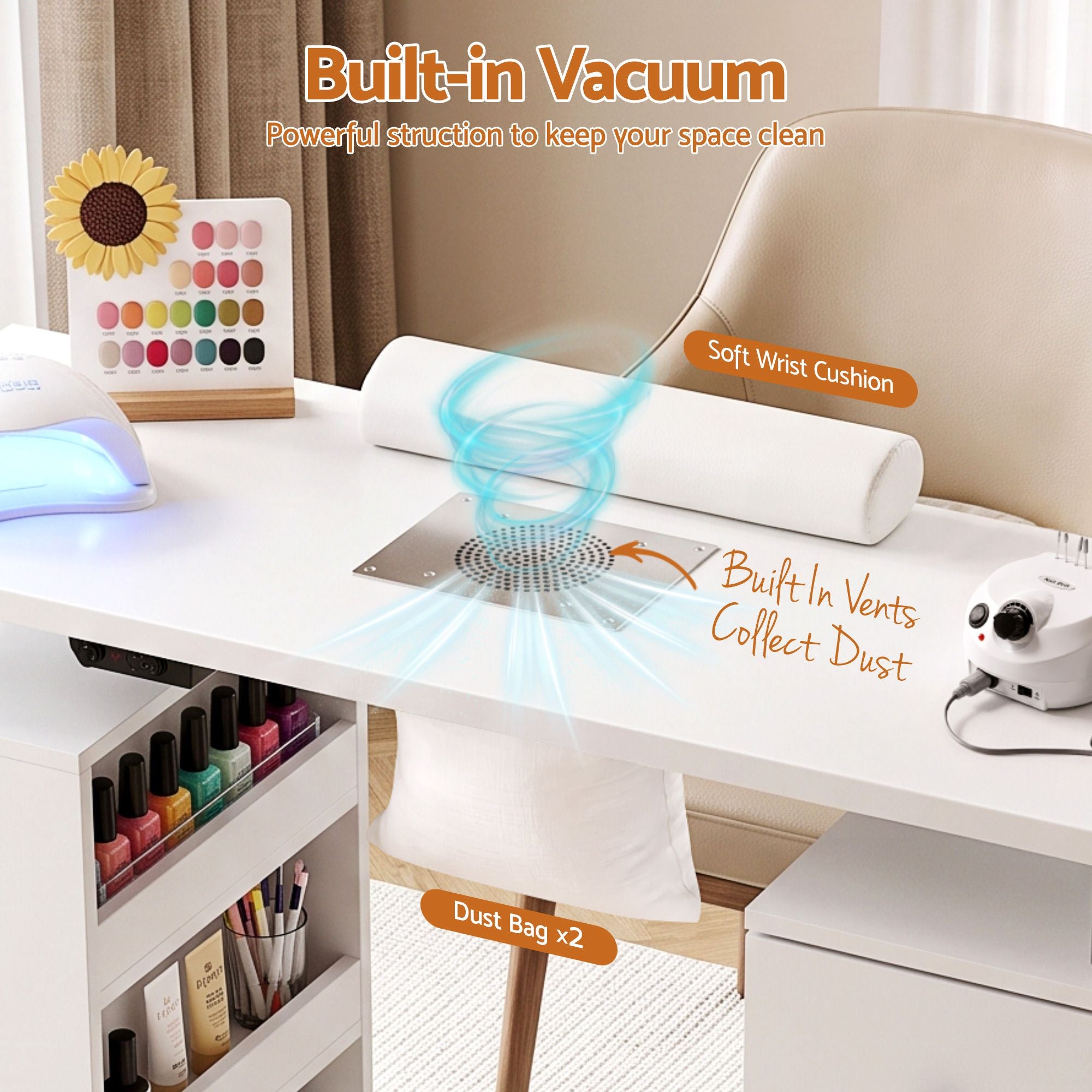 Manicure Table Nail Desk with Built-in Dust Collector Beauty Salon Station Drawers Shelves Wrist Cushion Wheels White