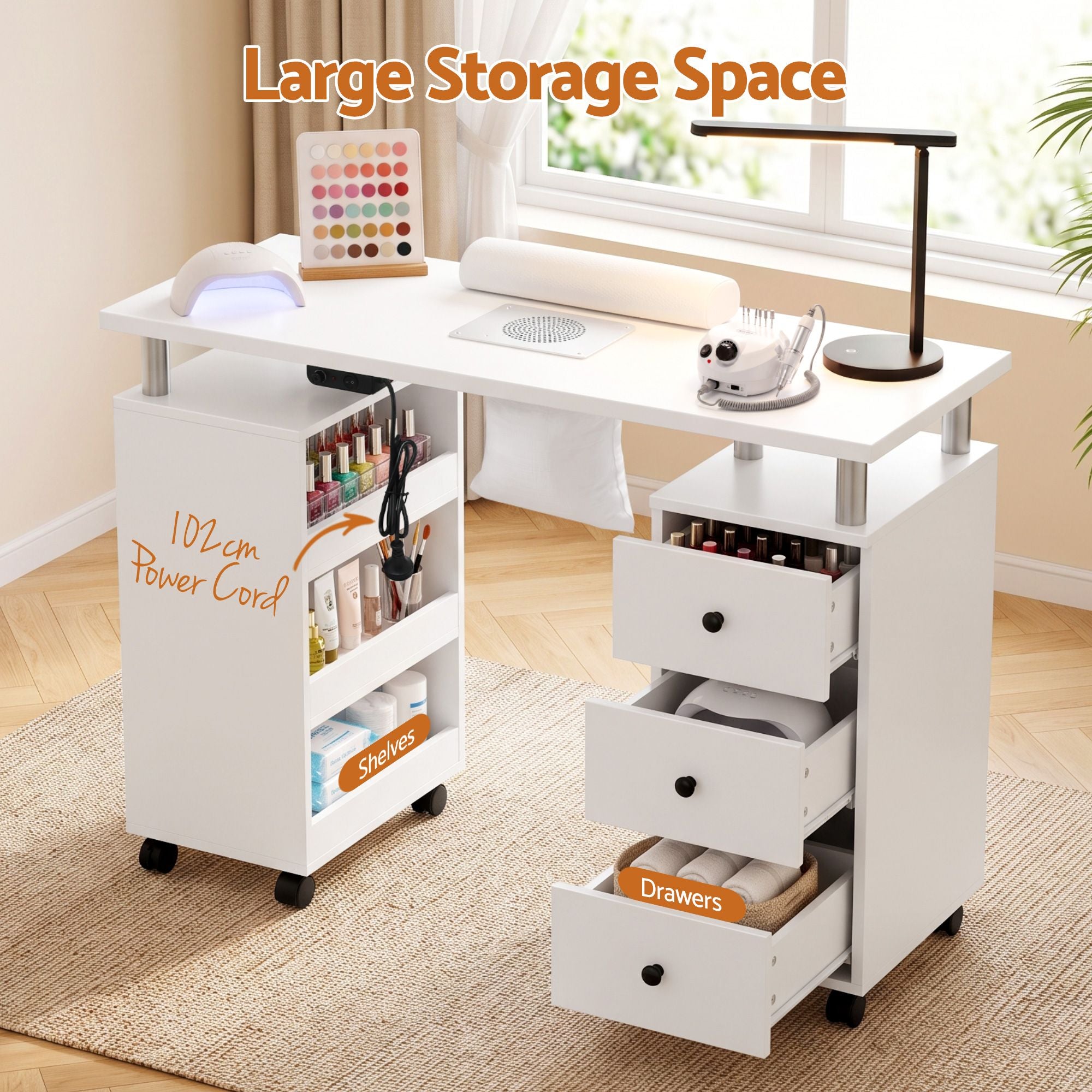Manicure Table Nail Desk with Built-in Dust Collector Beauty Salon Station Drawers Shelves Wrist Cushion Wheels White
