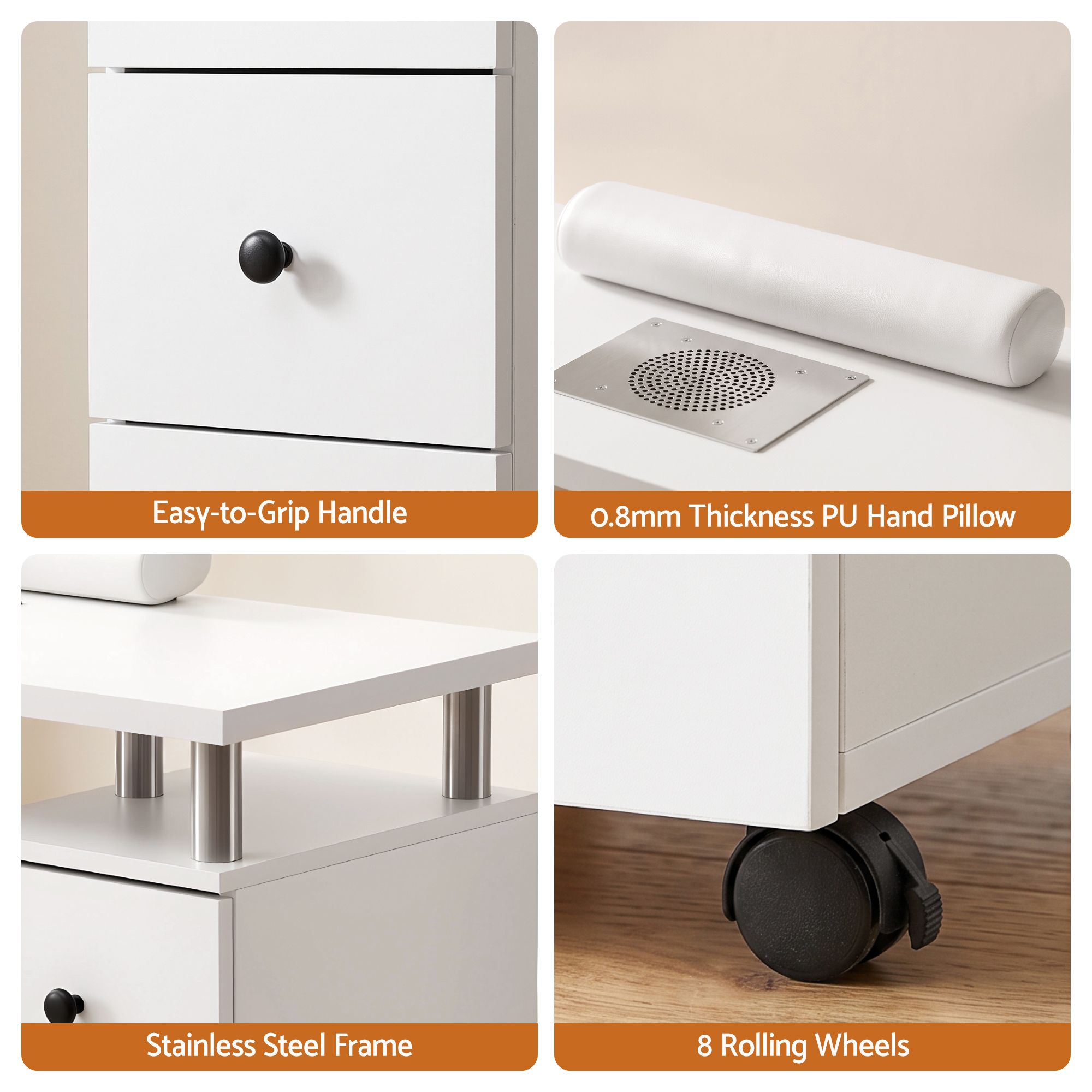 Manicure Table Nail Desk with Built-in Dust Collector Beauty Salon Station Drawers Shelves Wrist Cushion Wheels White