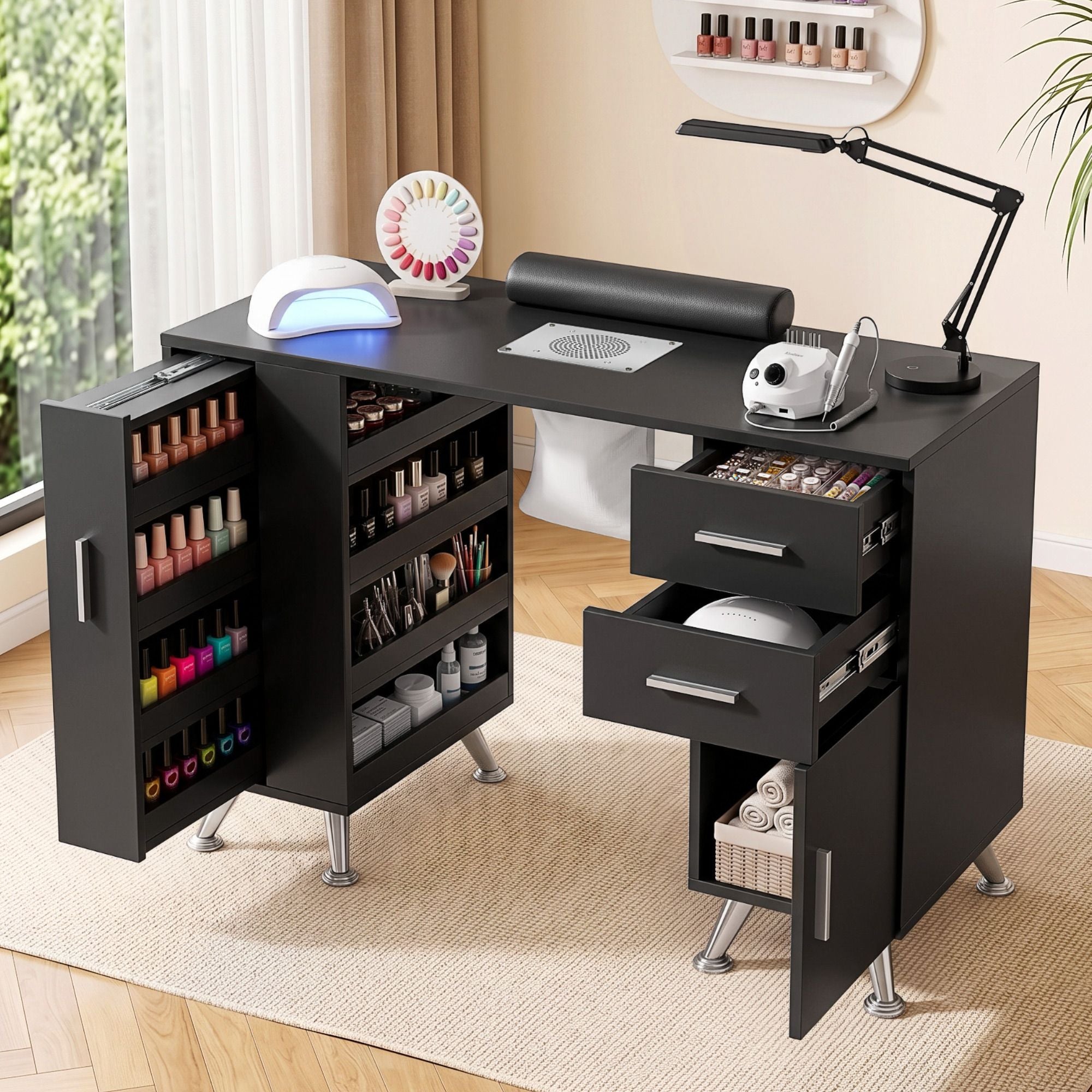Manicure Table Nail Desk with Built-in Dust Collector Beauty Salon Station Drawers Shelves Wrist Cushion Black