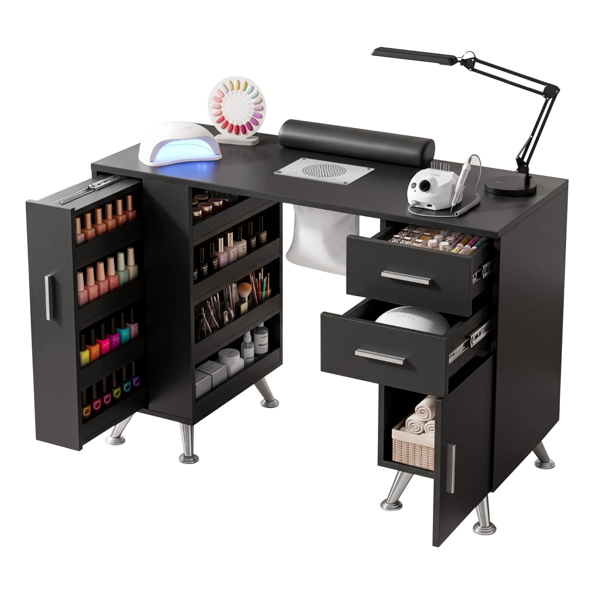 Manicure Table Nail Desk with Built-in Dust Collector Beauty Salon Station Drawers Shelves Wrist Cushion Black