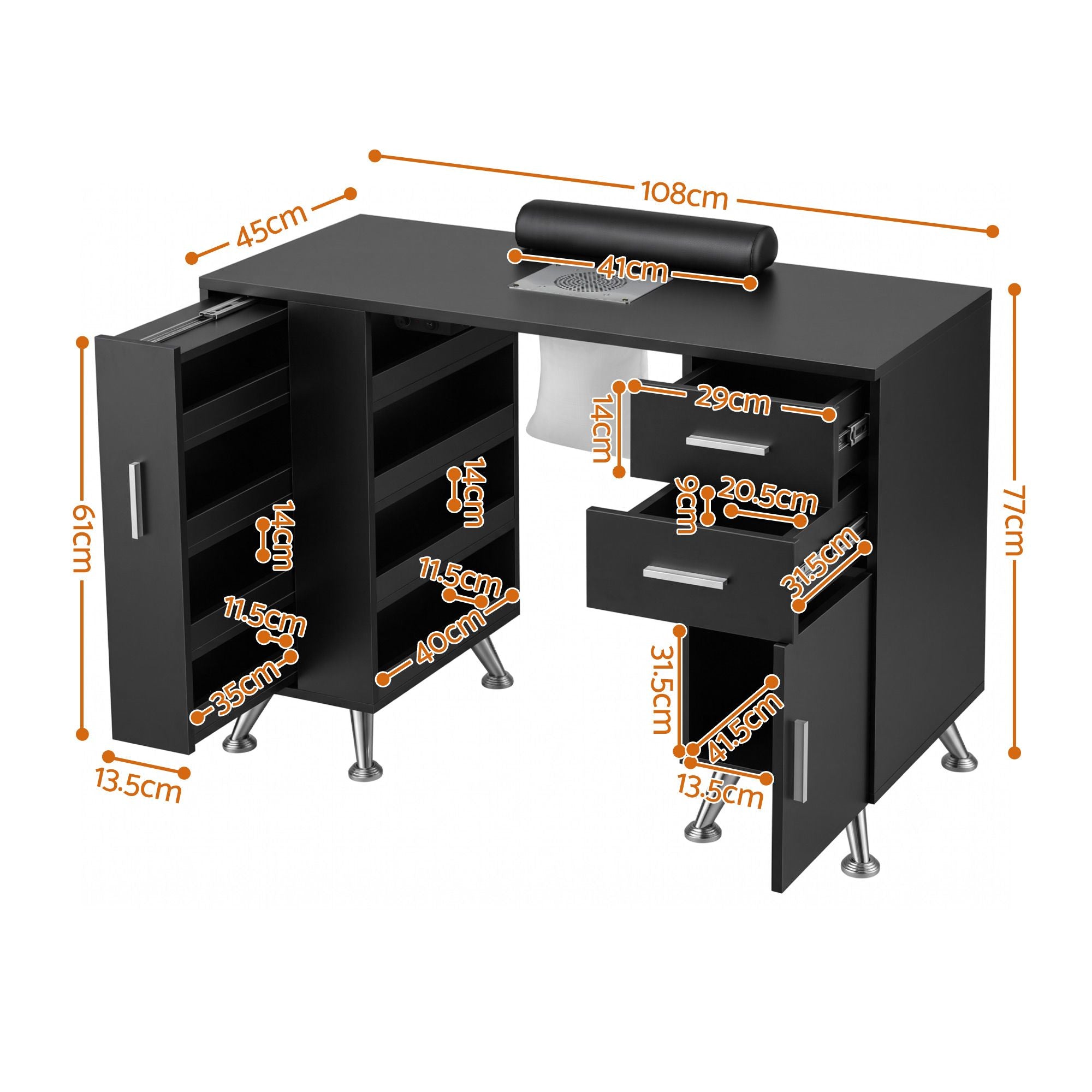 Manicure Table Nail Desk with Built-in Dust Collector Beauty Salon Station Drawers Shelves Wrist Cushion Black