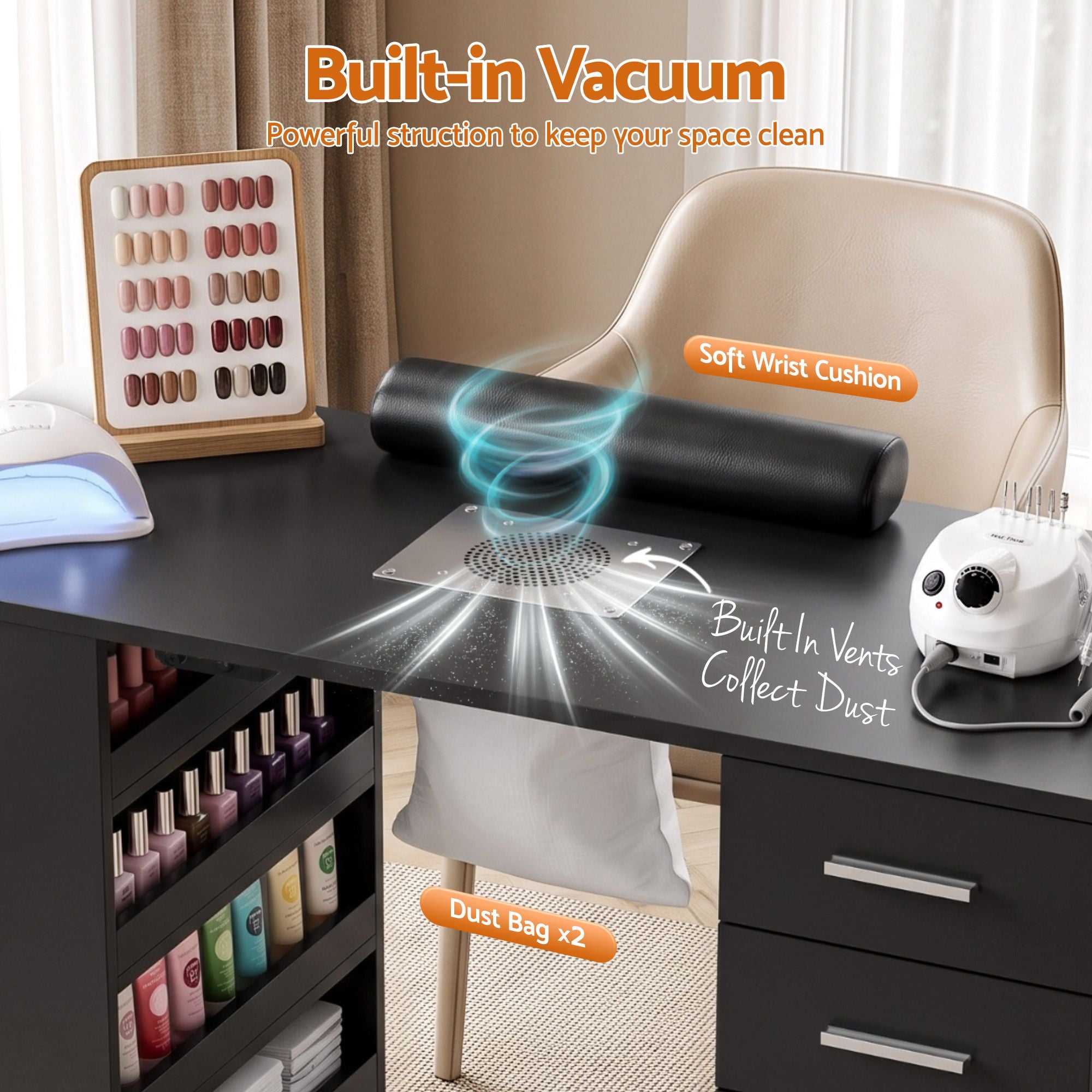 Manicure Table Nail Desk with Built-in Dust Collector Beauty Salon Station Drawers Shelves Wrist Cushion Black
