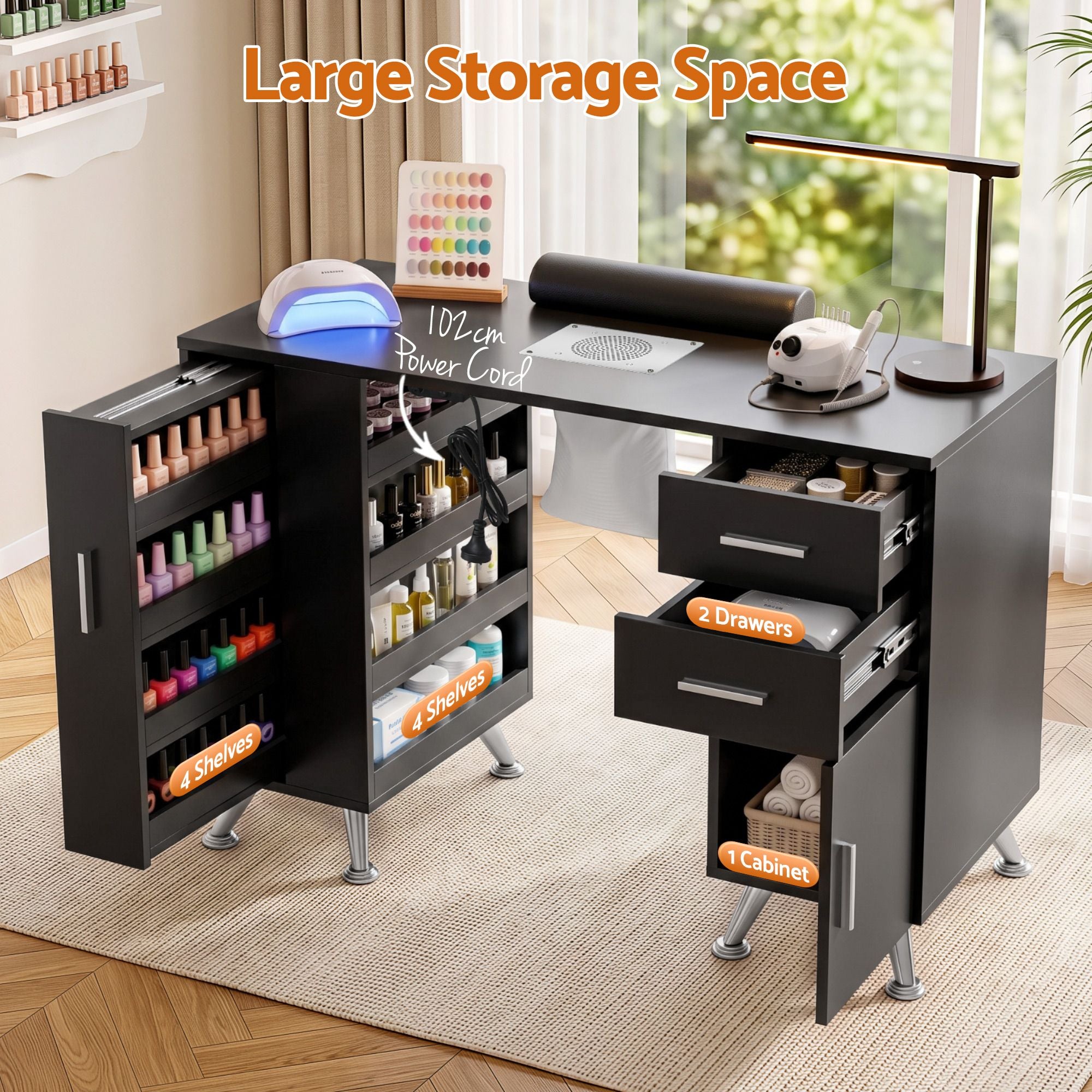 Manicure Table Nail Desk with Built-in Dust Collector Beauty Salon Station Drawers Shelves Wrist Cushion Black