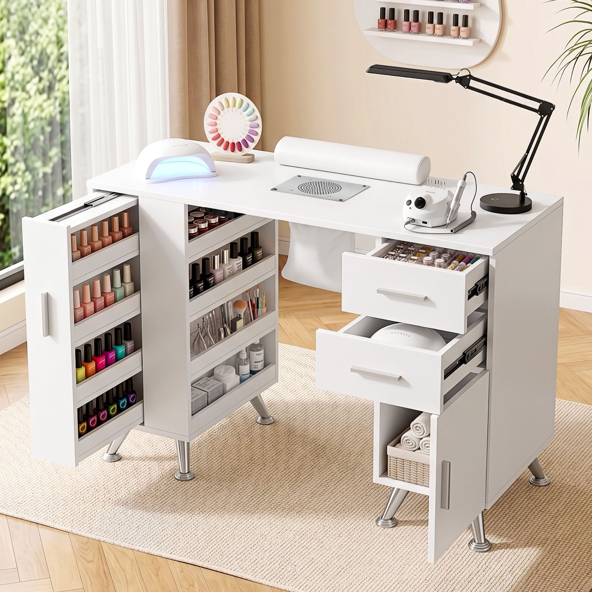 Manicure Table Nail Desk with Built-in Dust Collector Beauty Salon Station Drawers Shelves Wrist Cushion White