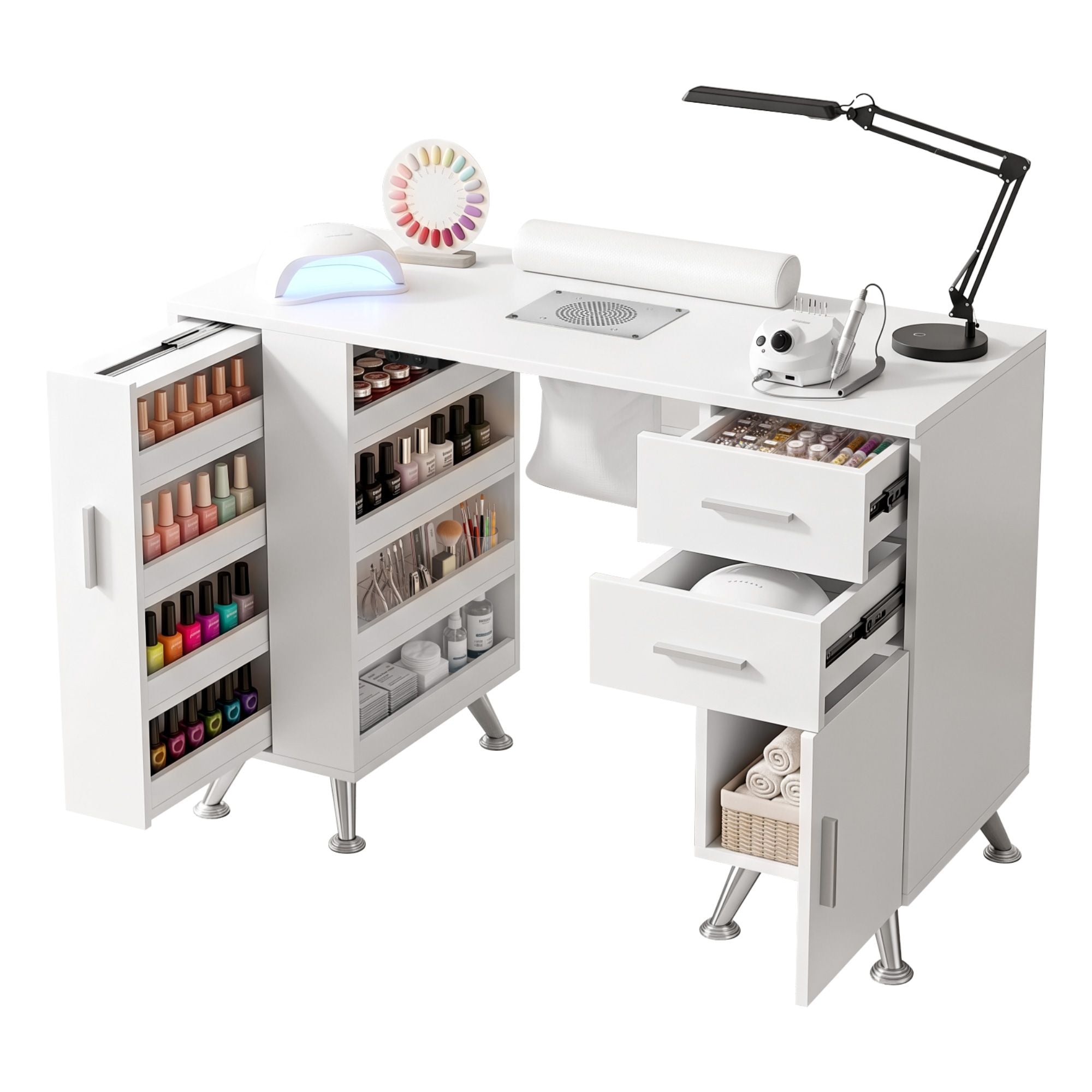 Manicure Table Nail Desk with Built-in Dust Collector Beauty Salon Station Drawers Shelves Wrist Cushion White
