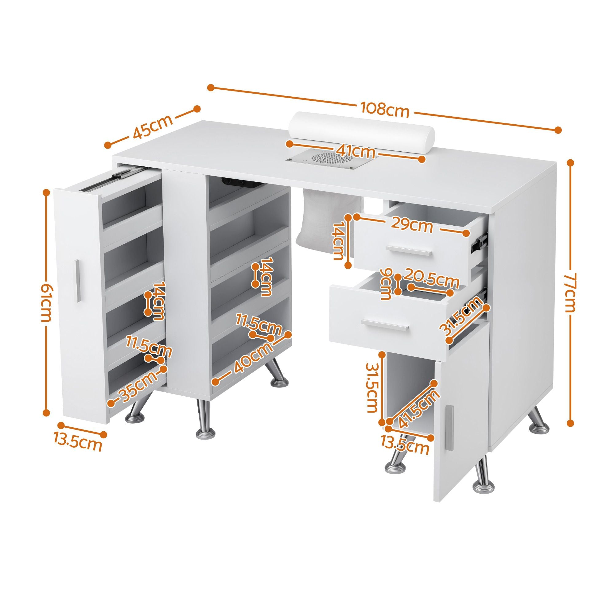 Manicure Table Nail Desk with Built-in Dust Collector Beauty Salon Station Drawers Shelves Wrist Cushion White