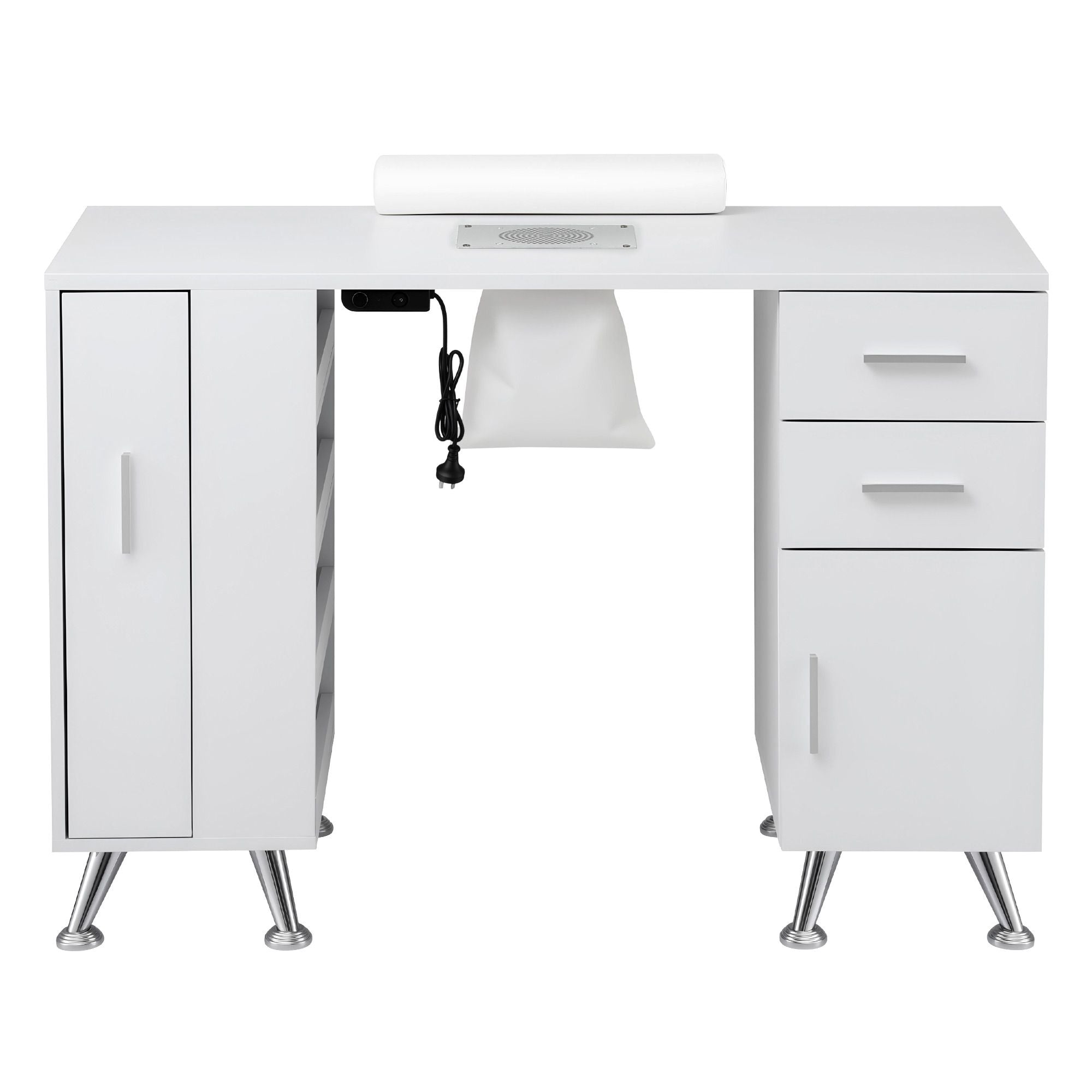 Manicure Table Nail Desk with Built-in Dust Collector Beauty Salon Station Drawers Shelves Wrist Cushion White