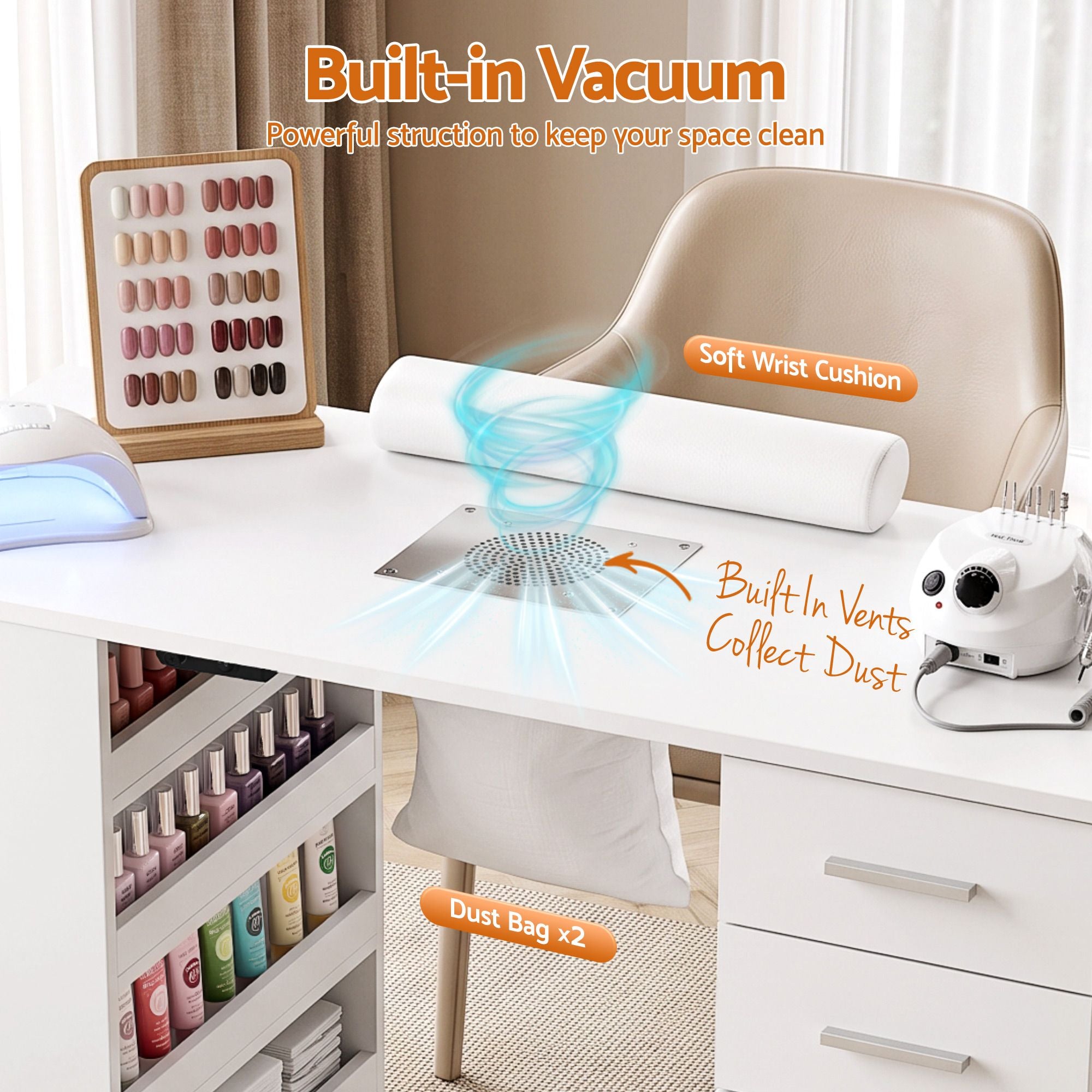 Manicure Table Nail Desk with Built-in Dust Collector Beauty Salon Station Drawers Shelves Wrist Cushion White
