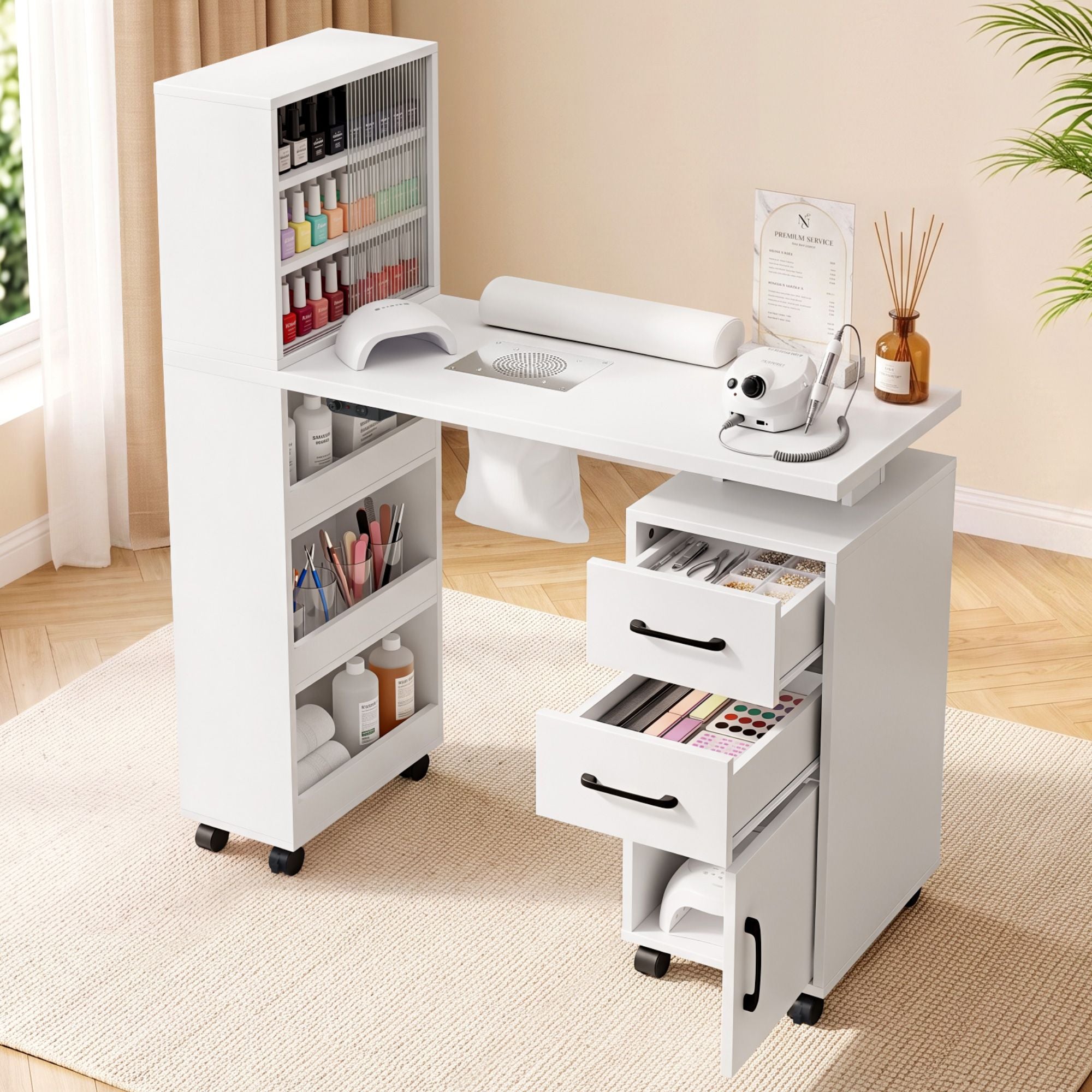 Manicure Table Nail Desk with Built-in Dust Collector Beauty Salon Station Drawers Shelves Wrist Cushion White