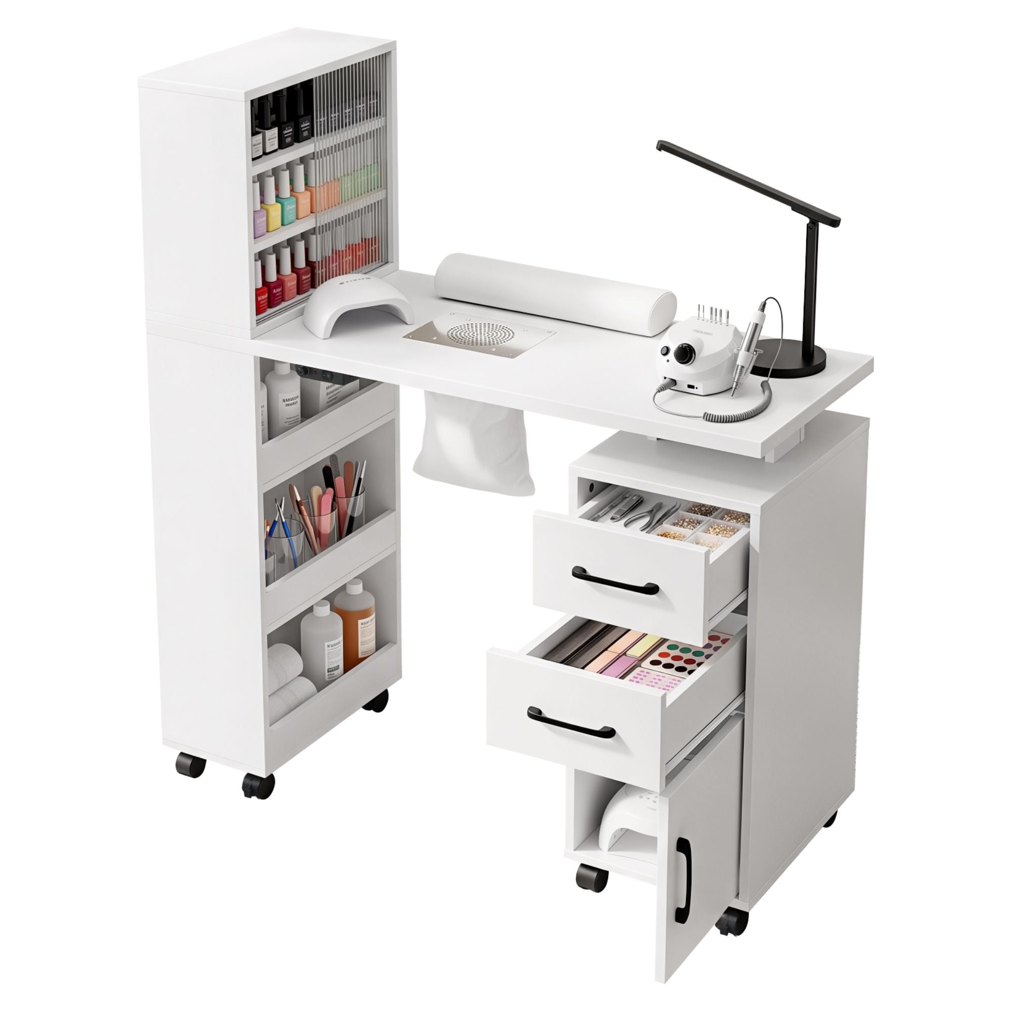 Manicure Table Nail Desk with Built-in Dust Collector Beauty Salon Station Drawers Shelves Wrist Cushion White