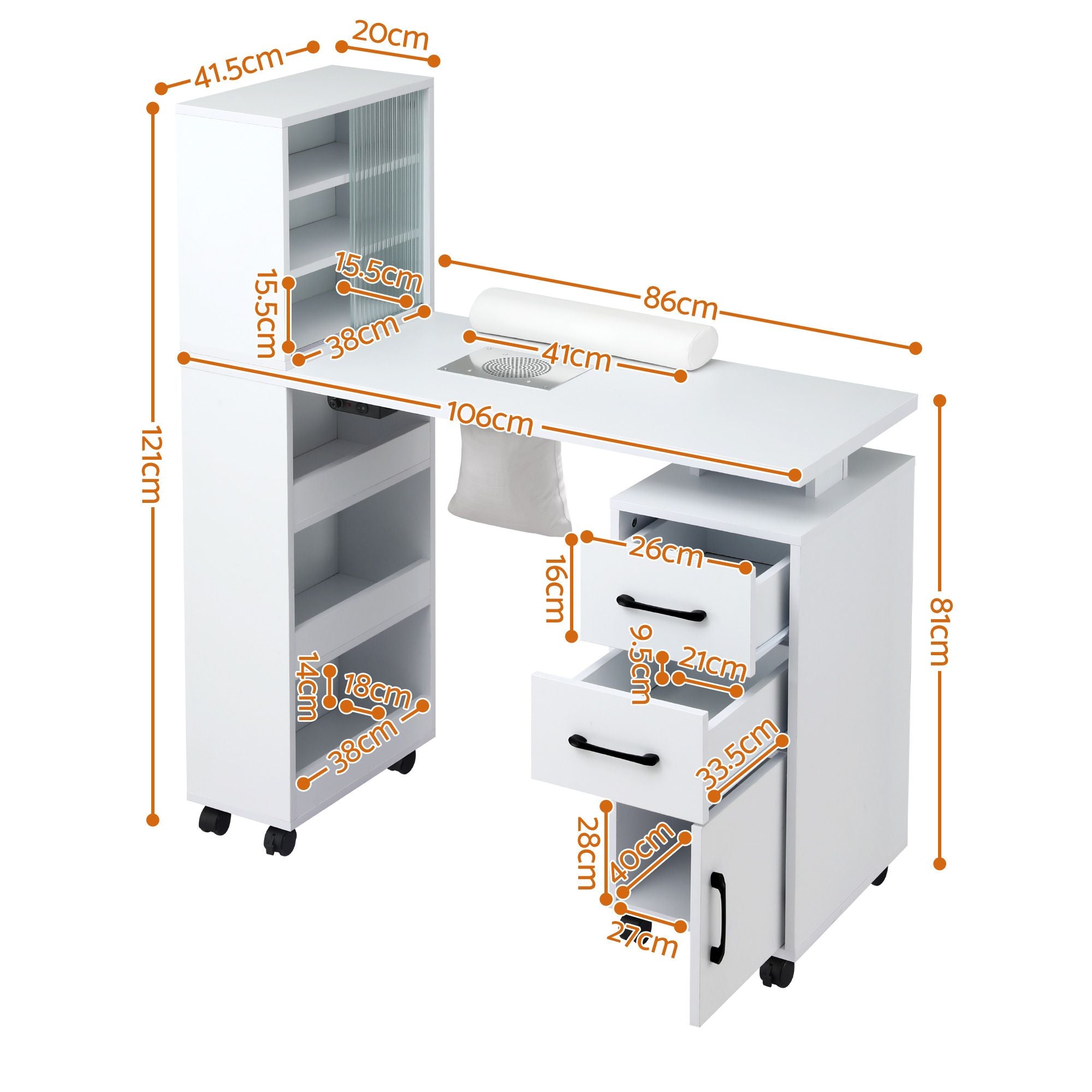 Manicure Table Nail Desk with Built-in Dust Collector Beauty Salon Station Drawers Shelves Wrist Cushion White