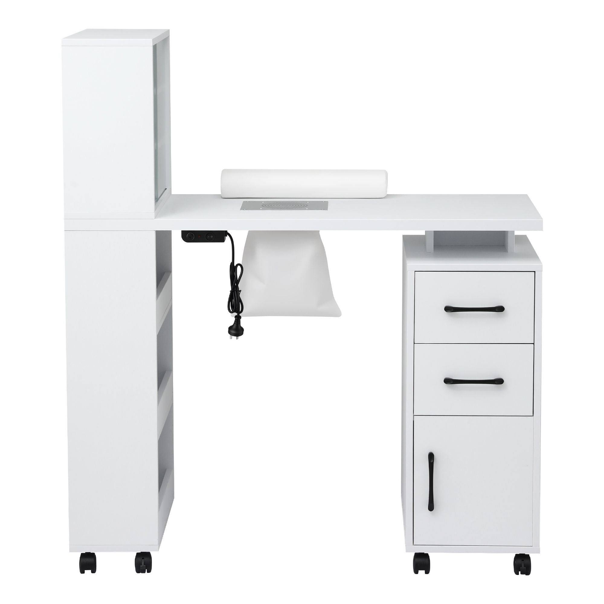 Manicure Table Nail Desk with Built-in Dust Collector Beauty Salon Station Drawers Shelves Wrist Cushion White