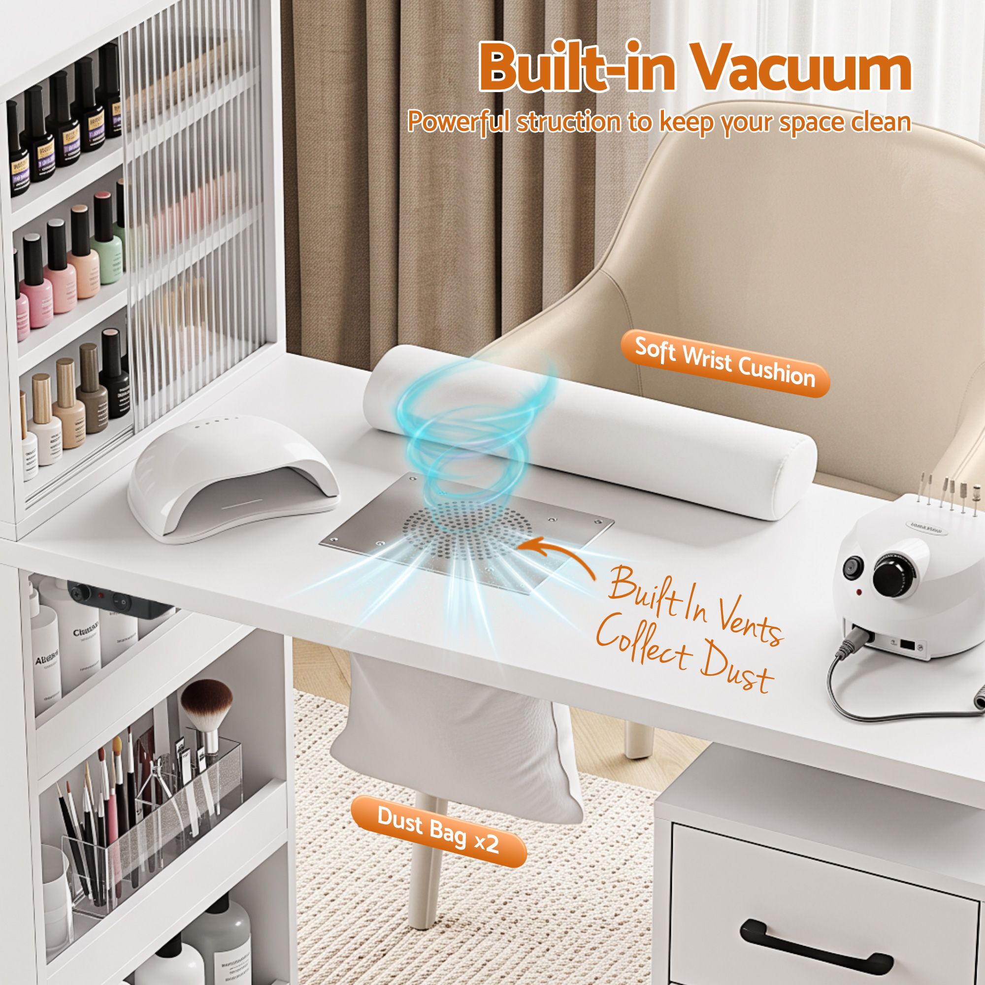 Manicure Table Nail Desk with Built-in Dust Collector Beauty Salon Station Drawers Shelves Wrist Cushion White