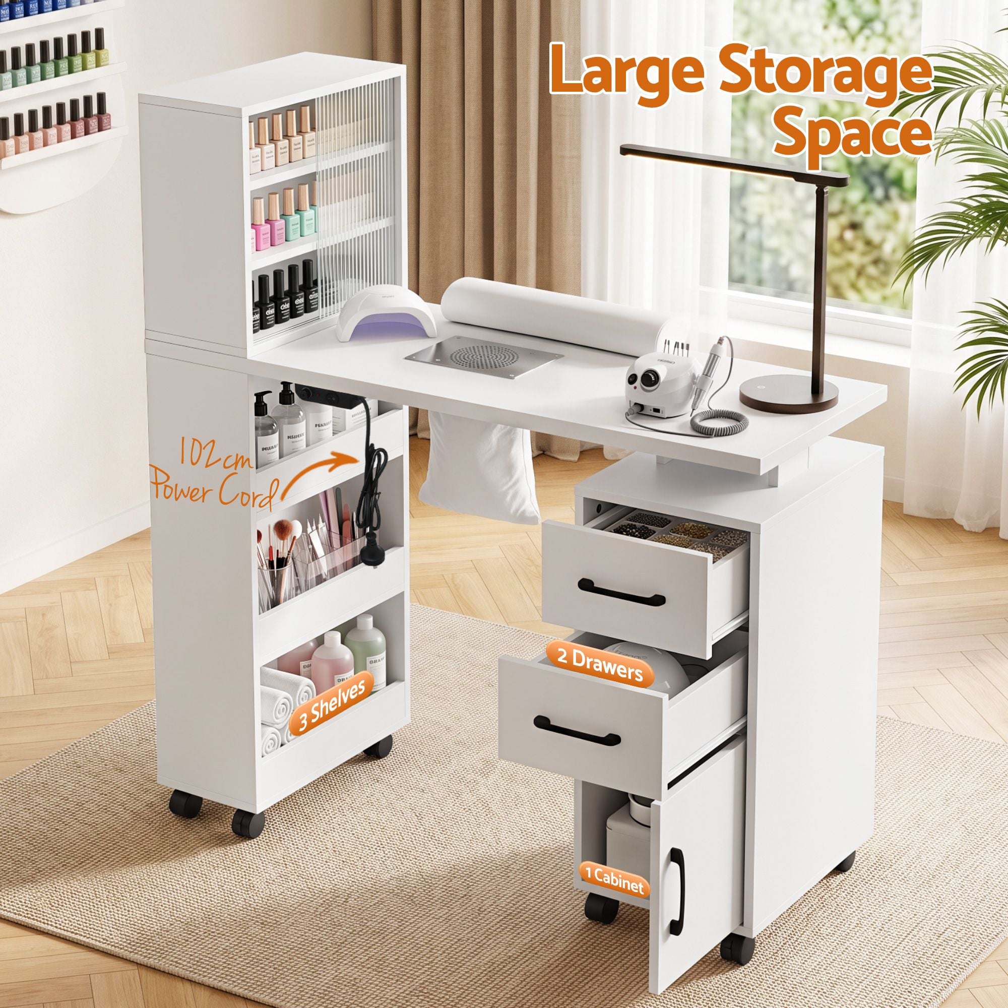 Manicure Table Nail Desk with Built-in Dust Collector Beauty Salon Station Drawers Shelves Wrist Cushion White