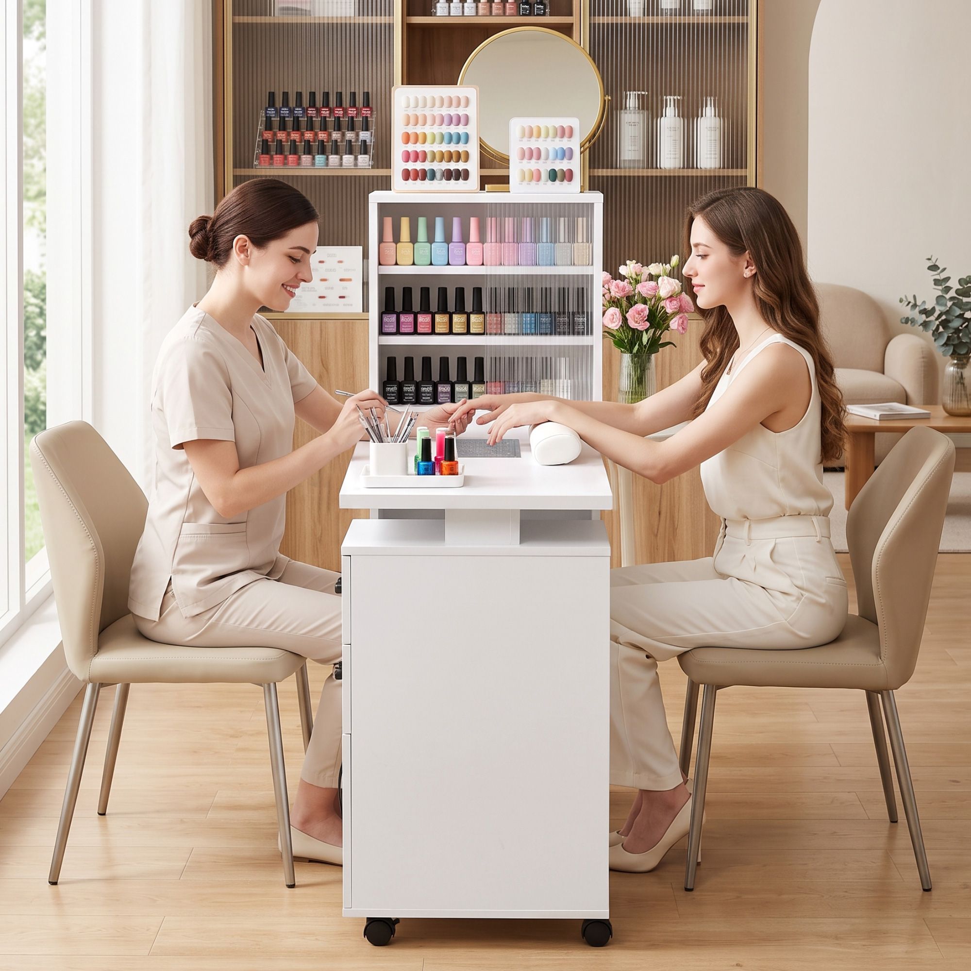 Manicure Table Nail Desk with Built-in Dust Collector Beauty Salon Station Drawers Shelves Wrist Cushion White