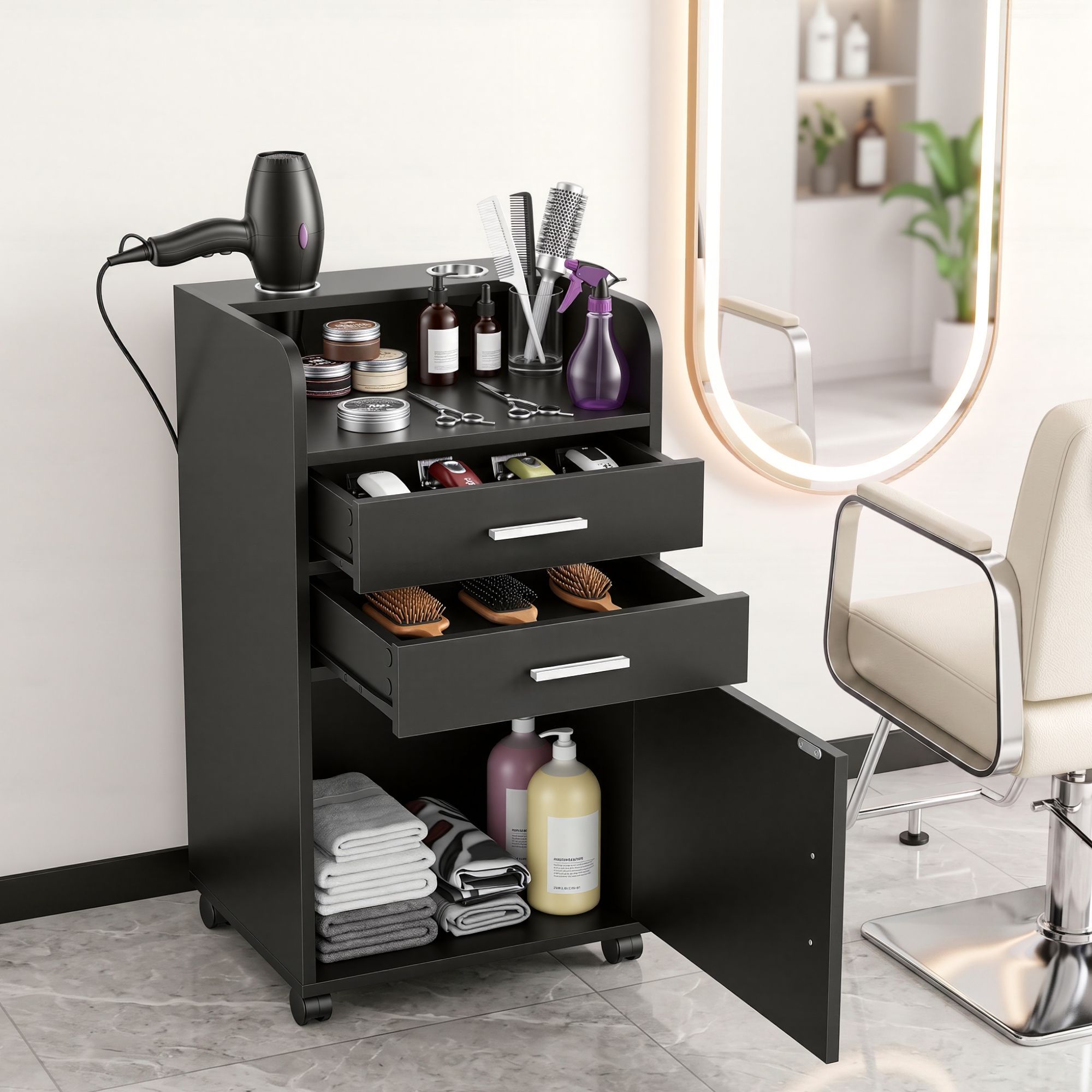 Professional Salon Station Rolling Cart, Hair Styling Beauty Cabinet with 2 Drawers & 2 Appliance Holders, Wood Barber Spa Trolley with 360° Wheels for Skincare & Vanity, Black
