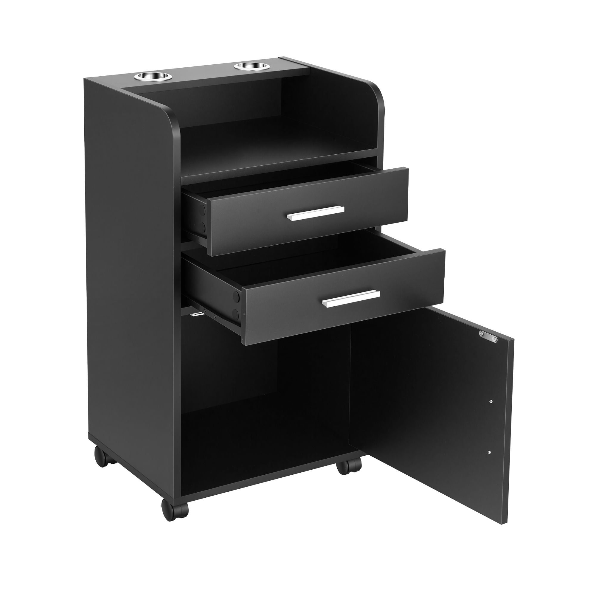 Professional Salon Station Rolling Cart, Hair Styling Beauty Cabinet with 2 Drawers & 2 Appliance Holders, Wood Barber Spa Trolley with 360° Wheels for Skincare & Vanity, Black