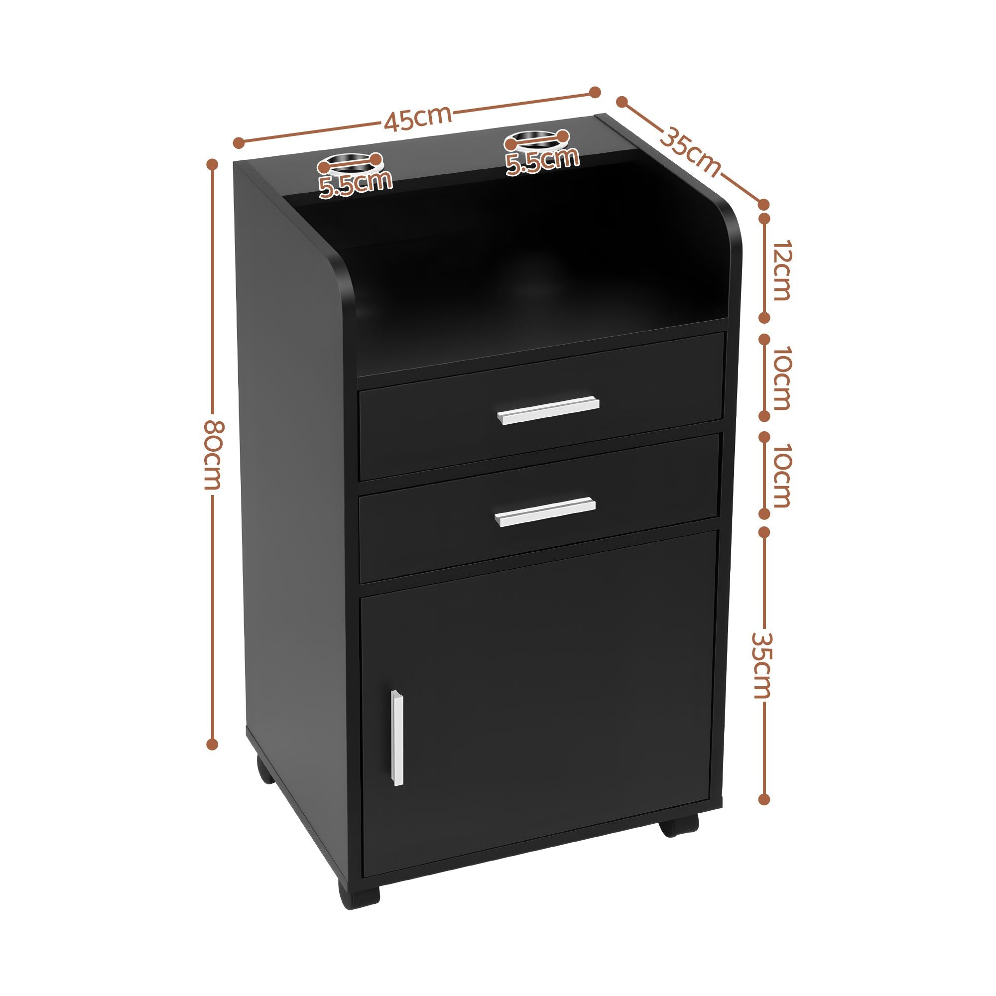Professional Salon Station Rolling Cart, Hair Styling Beauty Cabinet with 2 Drawers & 2 Appliance Holders, Wood Barber Spa Trolley with 360° Wheels for Skincare & Vanity, Black